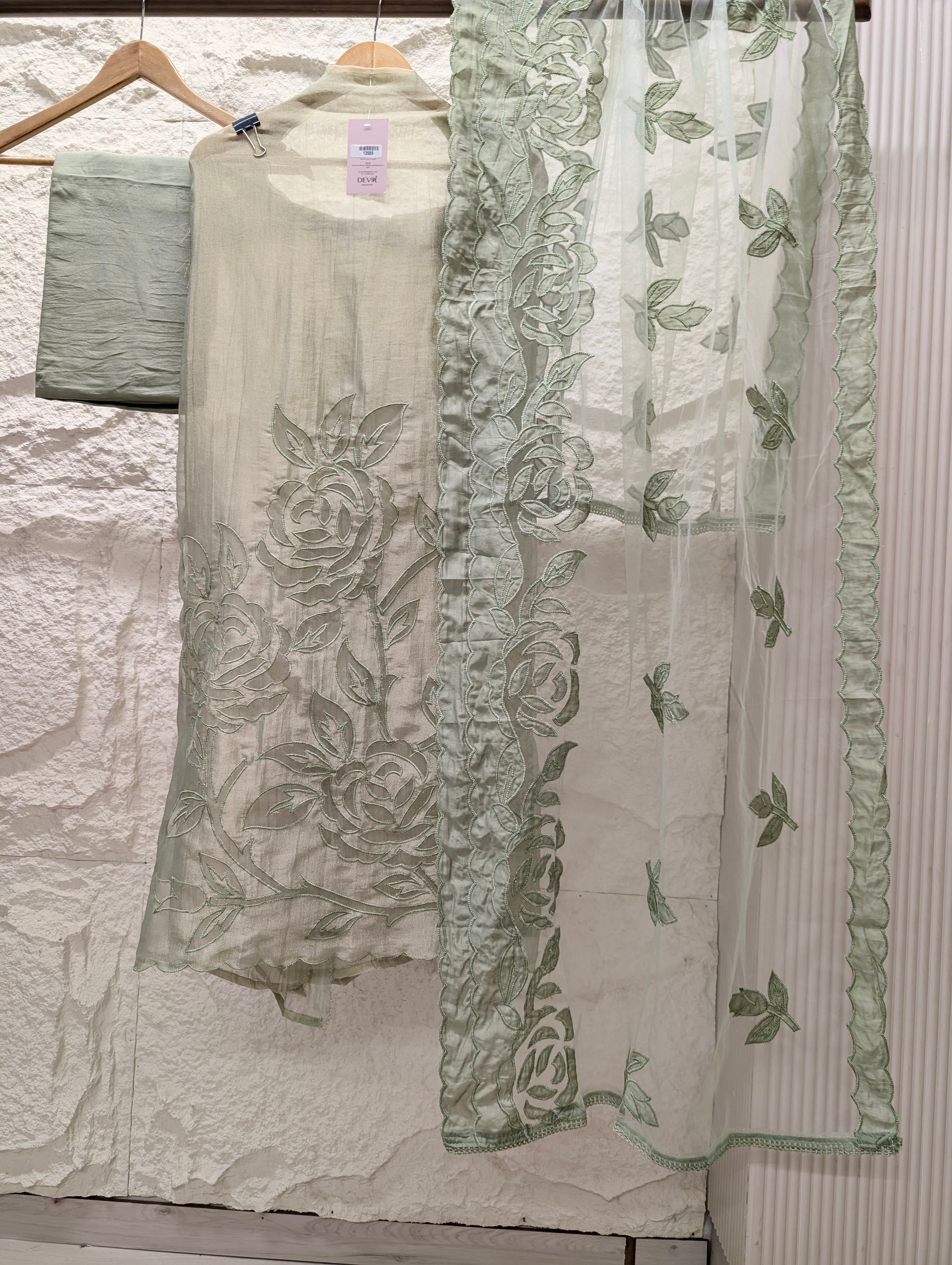 Sage Tissue Crush Silk Embroidered Unstitched 3-Piece Suit (Devri – D.No 13589)