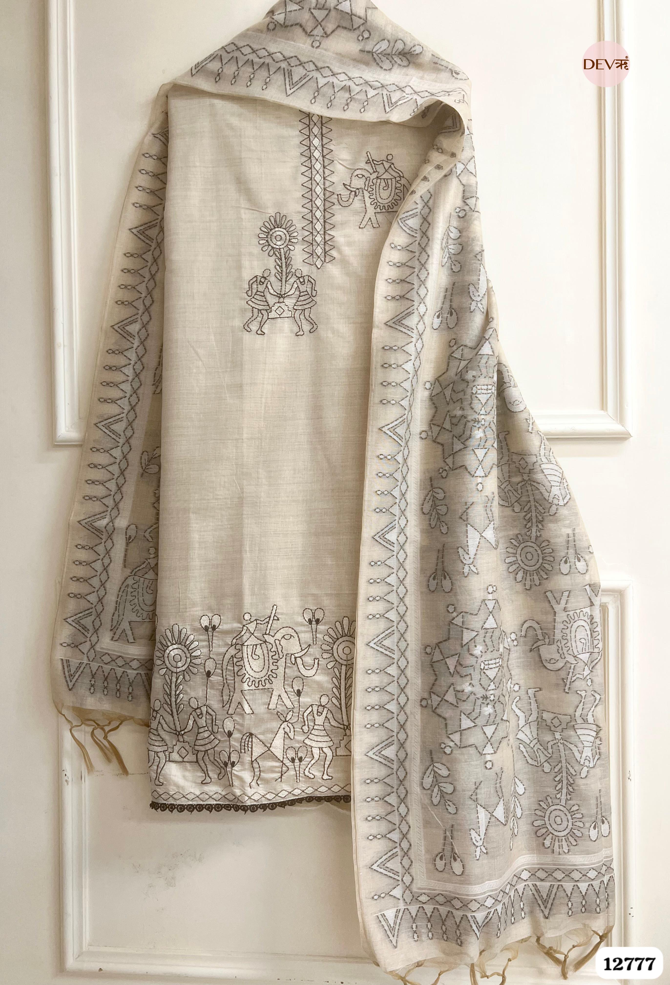Ivory Mul Chanderi Embroidered Unstitched 3-Piece Suit (Devri – D.No 12777)