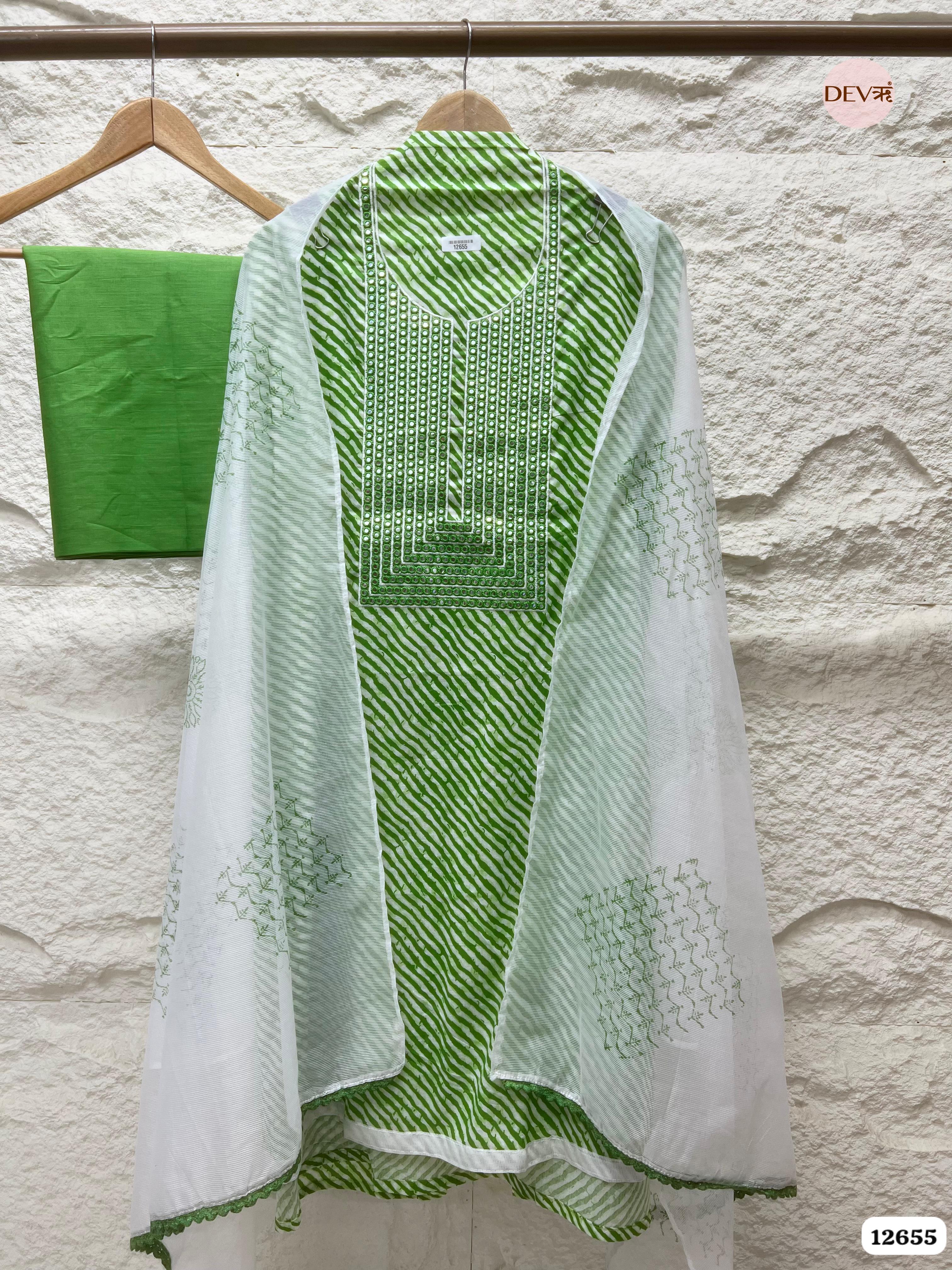 Green Cotton Leheriya Printed & Embroidered 3-Piece Suit