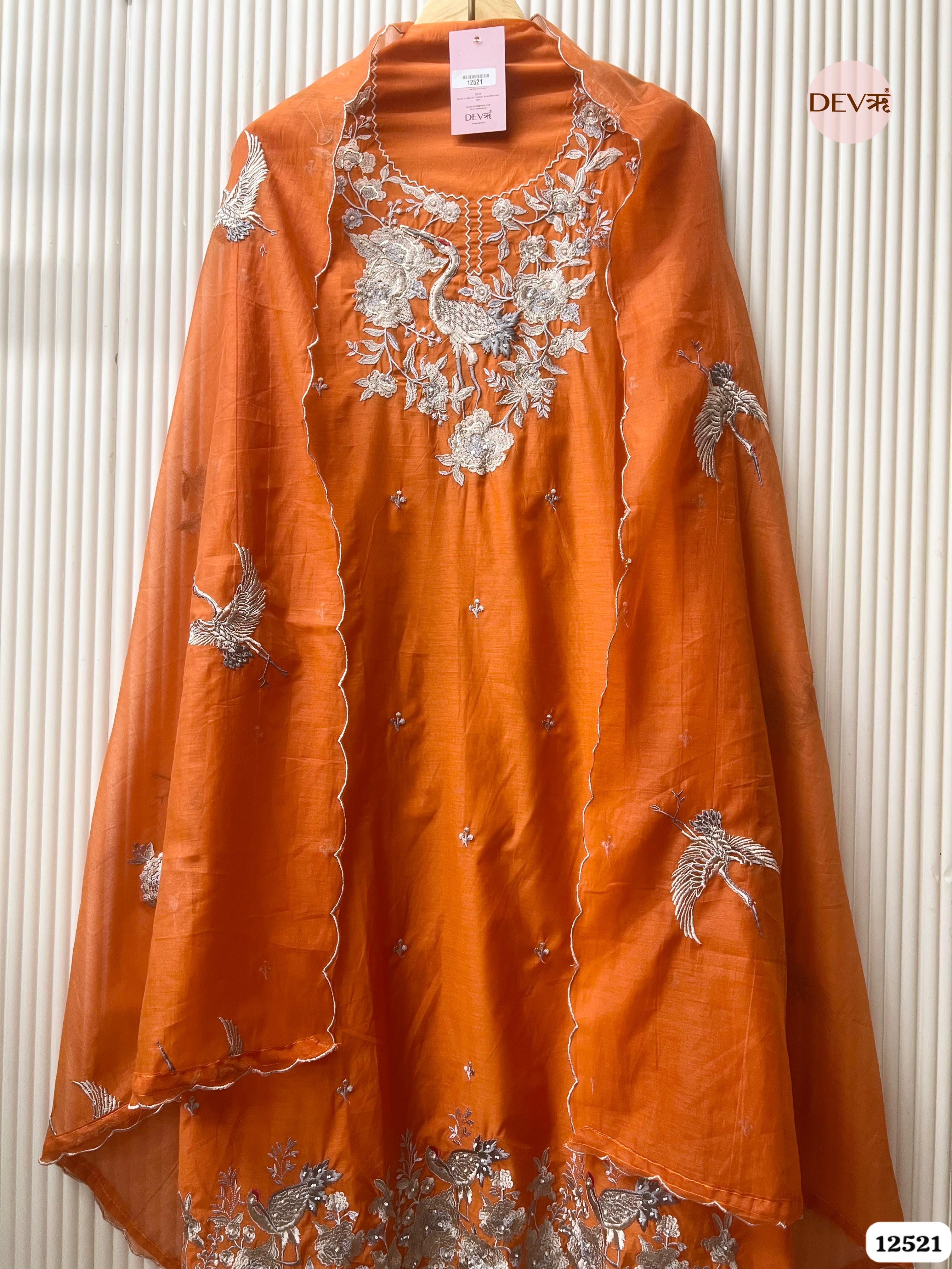Orange Pure Mul Chanderi Embroidered Unstitched 3-Piece Suit (Devri – D.No 12521)