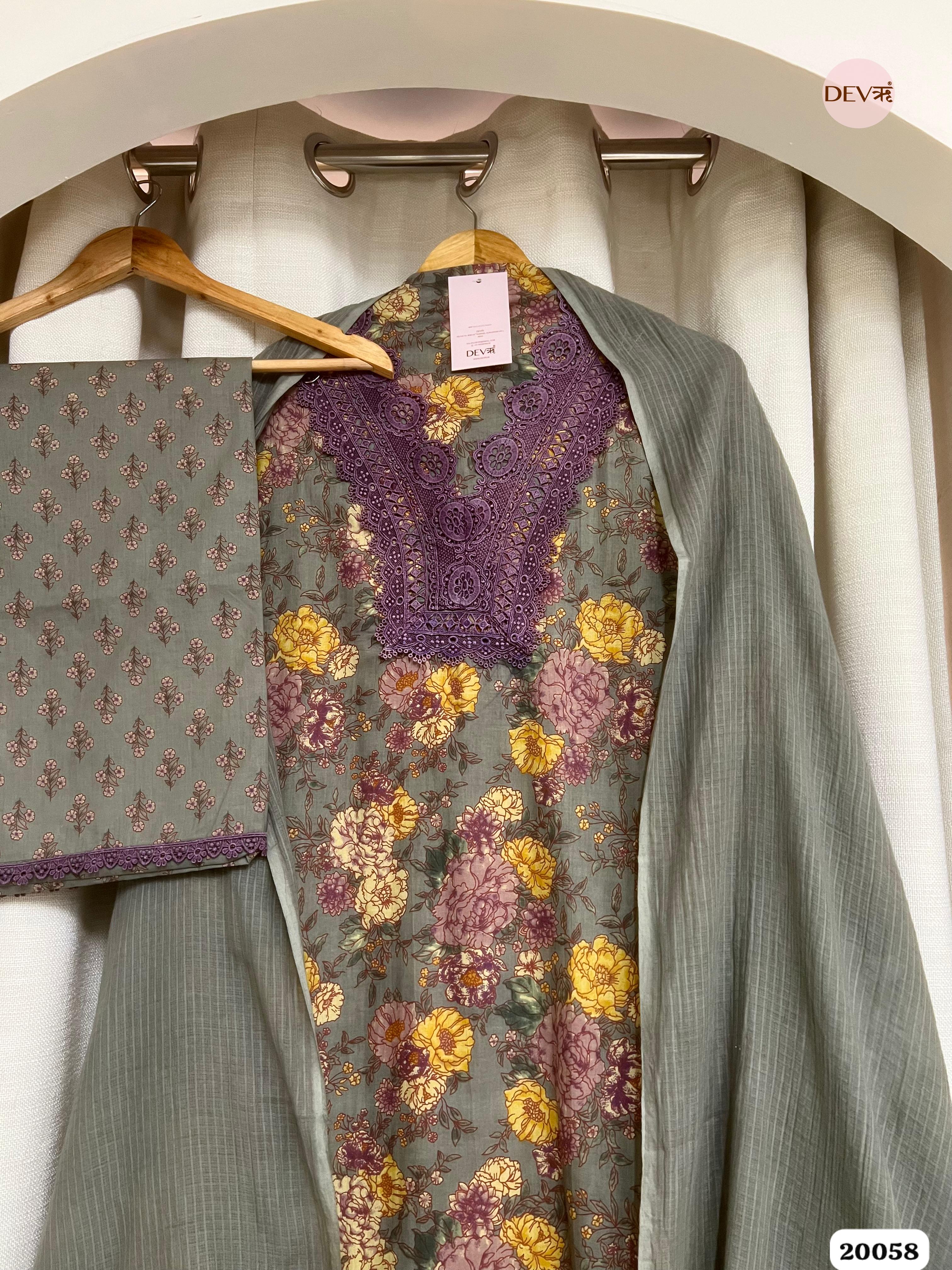 grey Cotton Printed Unstitched 3-Piece Suit (Devri – D.No. 20058)