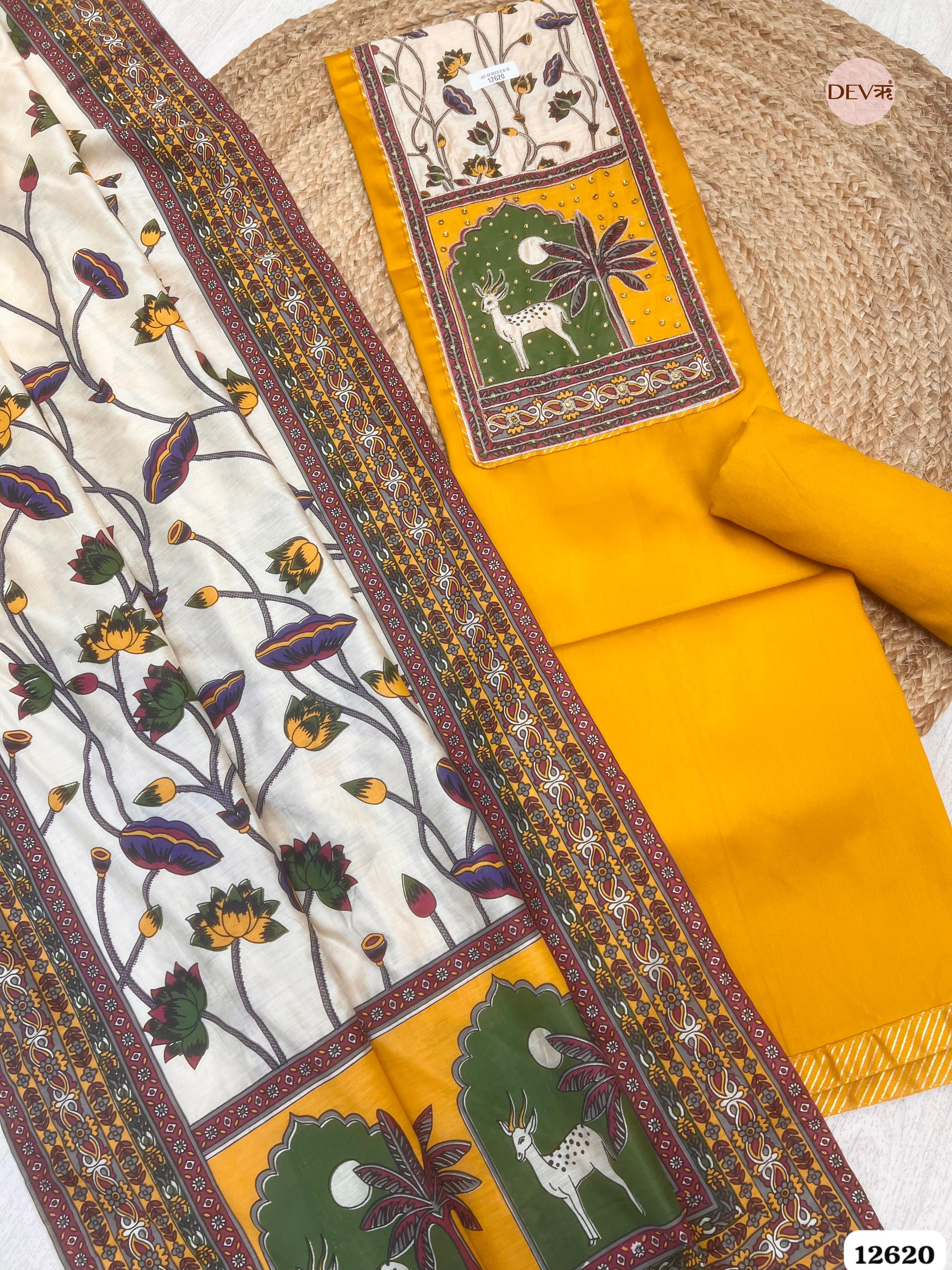 Mustard Cotton Printed Unstitched 3-Piece Suit (Devri – D.No 12620)