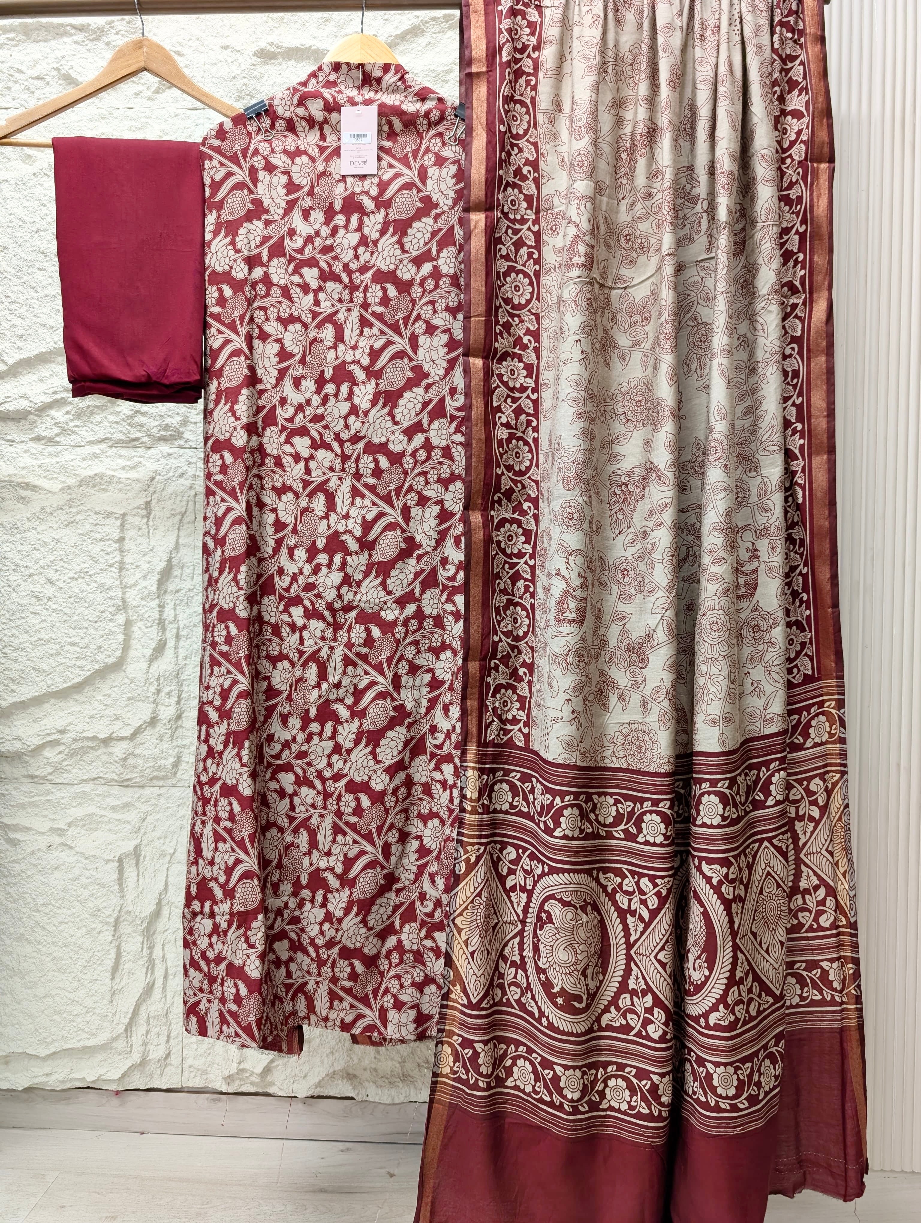 Maroon Maheshwari Silk Printed Unstitched 3-Piece Suit (Devri – D.No 13607)
