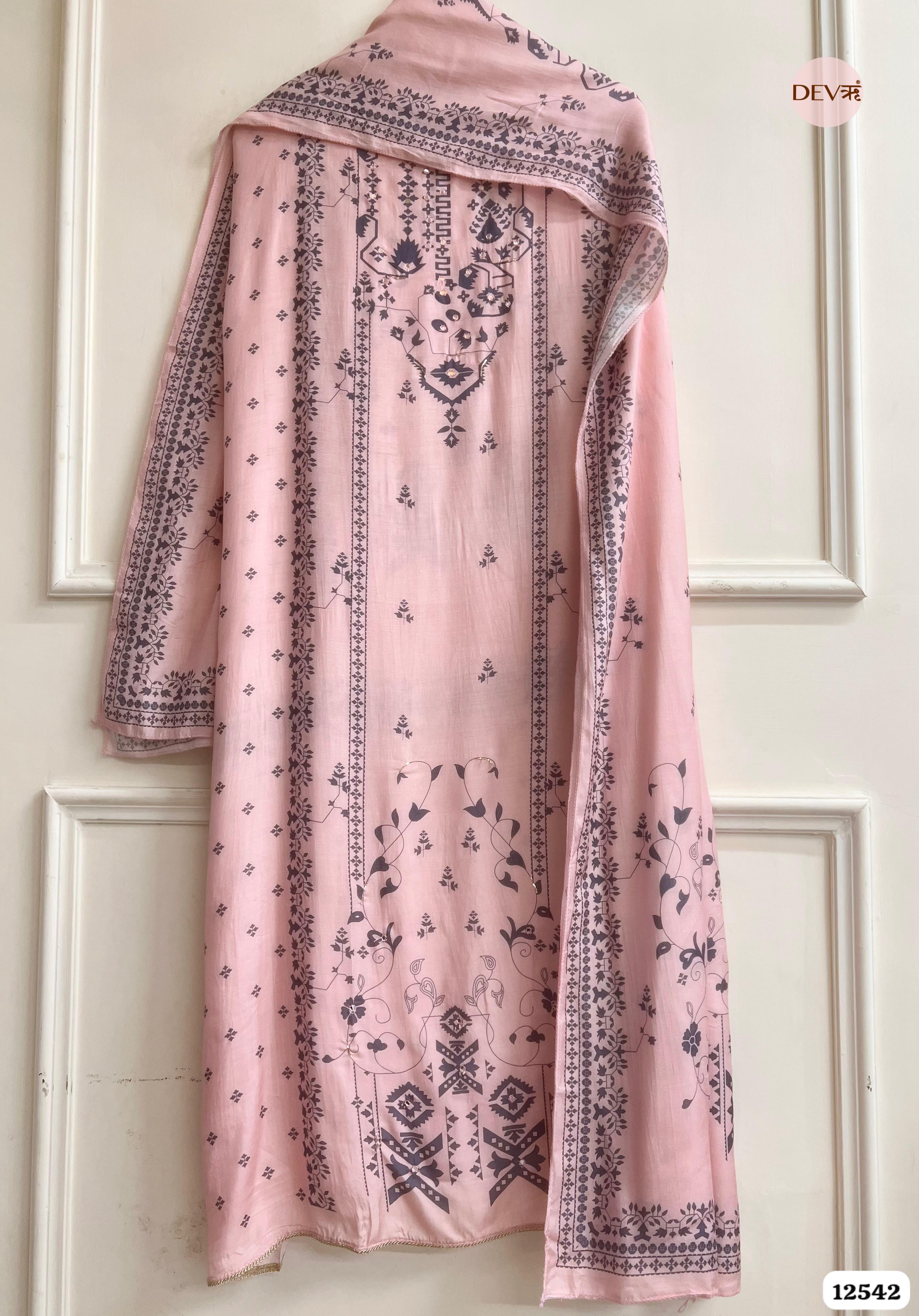 Pink Muslin Printed Unstitched 3-Piece Suit (Devri – D.No 12542)