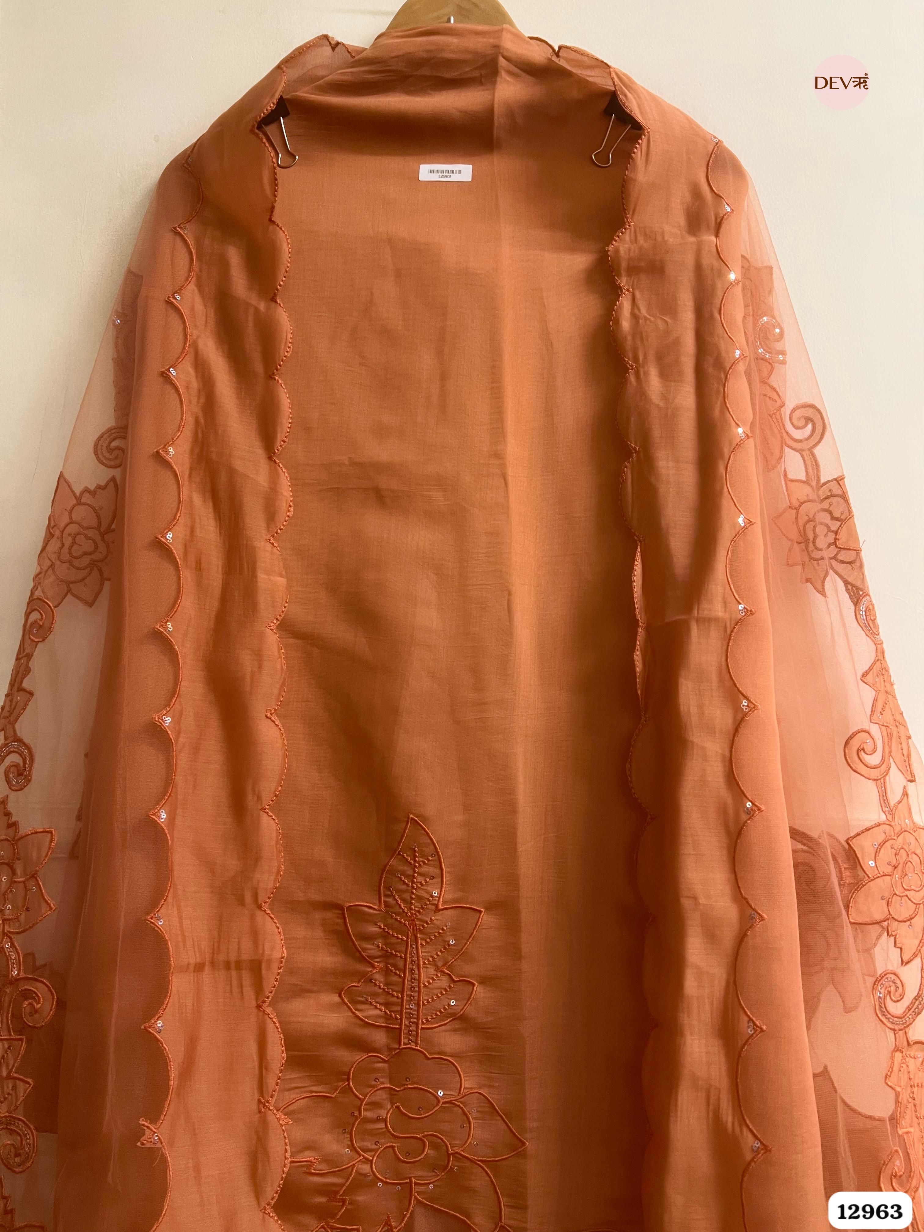 Peach Roman Silk Embroidered Unstitched 3-Piece Suit (Devri – D.No 12963)
