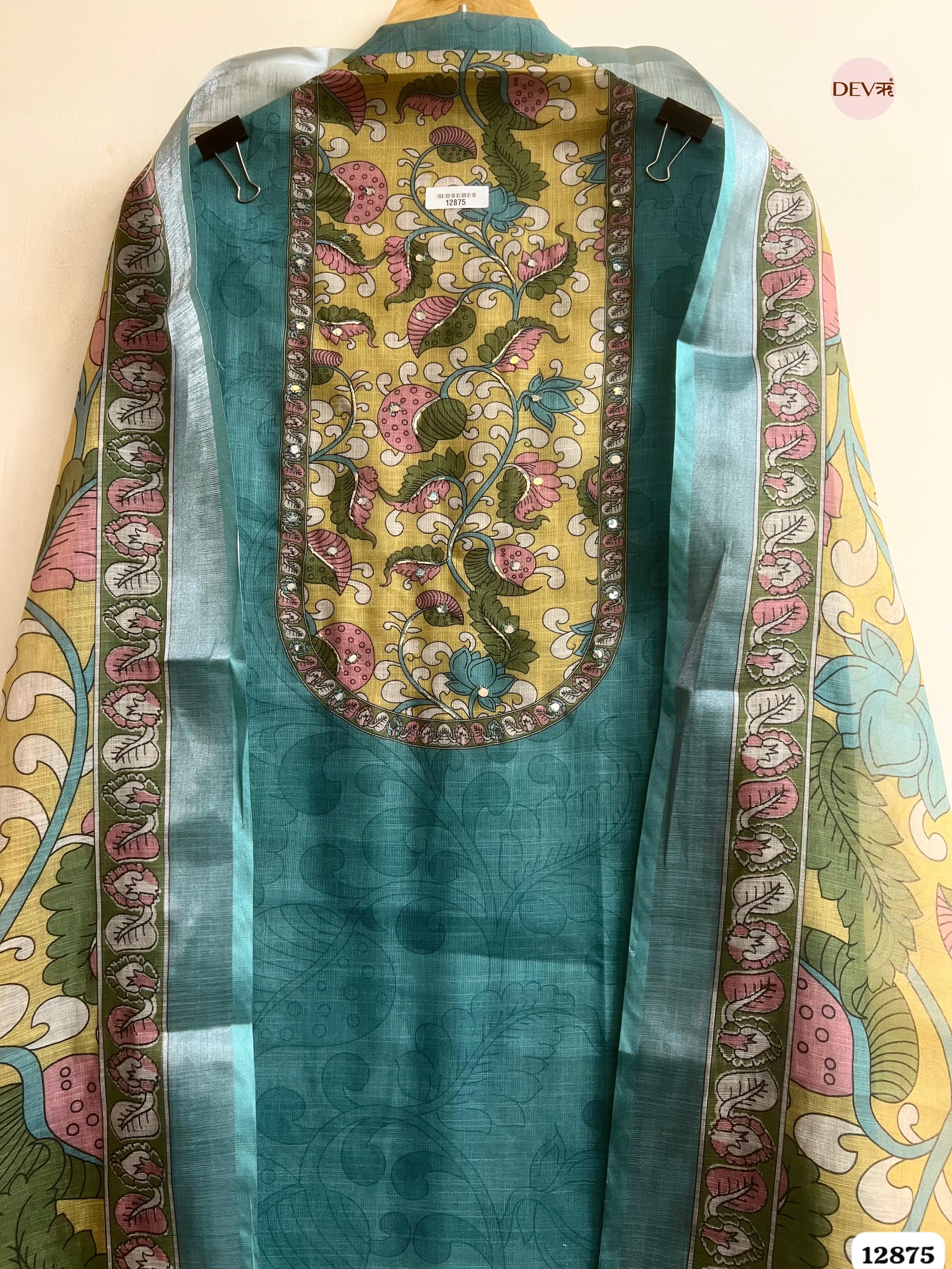 Teal Blue Linen Cotton Printed Unstitched 3-Piece Suit (Devri – D.No 12875)