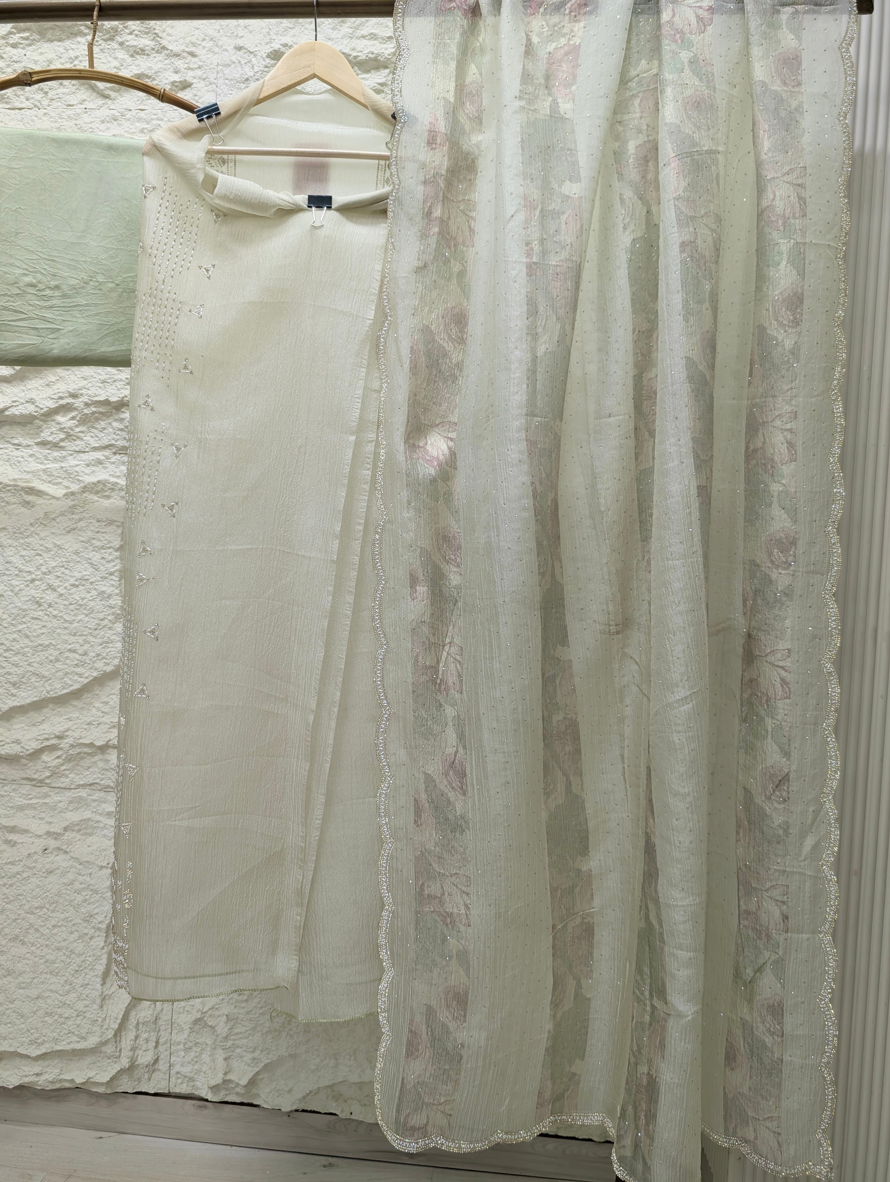 Sage Pure Crush Silk Embroidered Unstitched 3-Piece Suit (Devri – D.No 13633)
