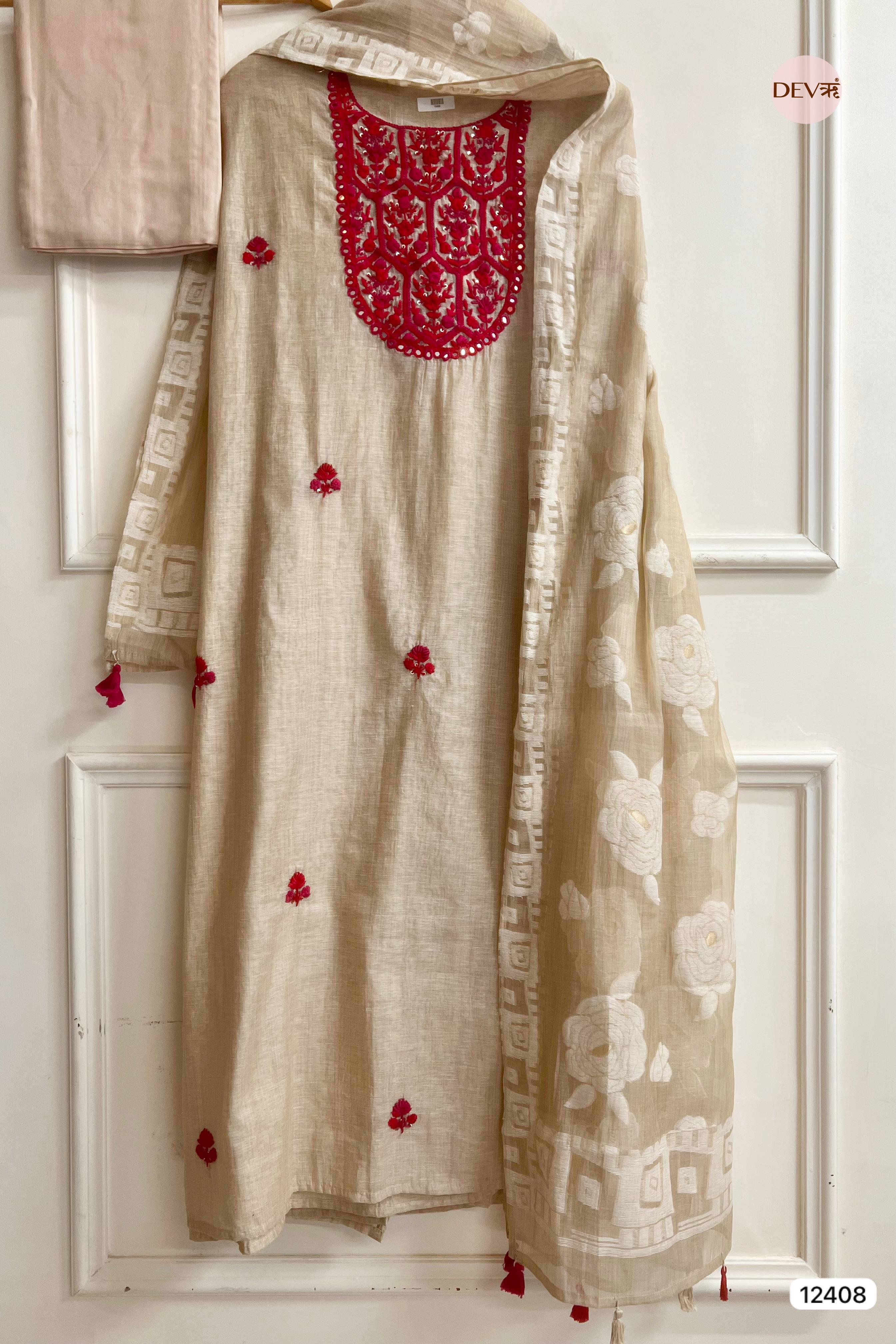 Beige Mul Chanderi Embroidered Unstitched 3-Piece Suit (Devri – D.No 12408)