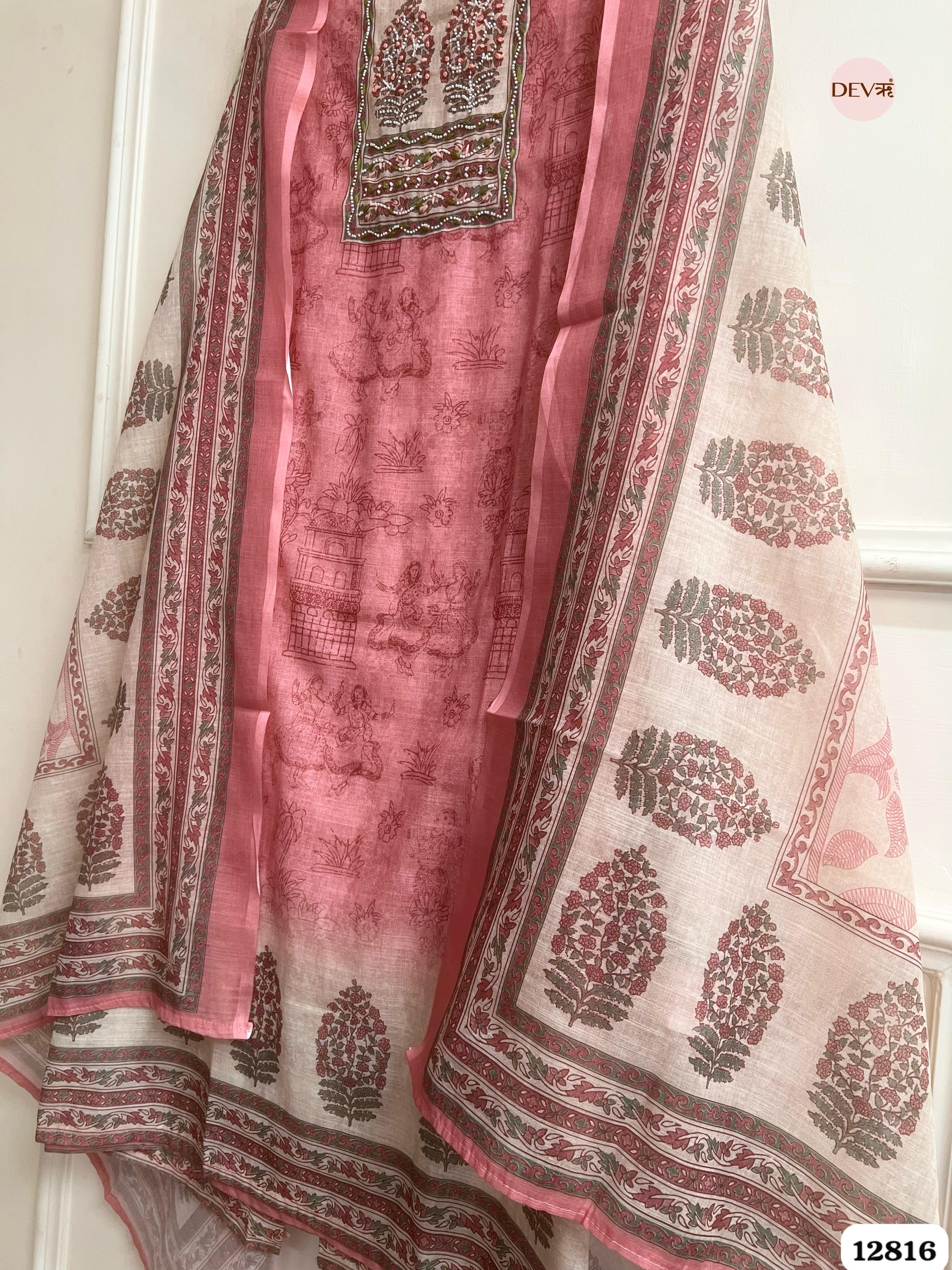 Pink Linen Cotton Printed Unstitched 3-Piece Suit (Devri – D.No 12816)