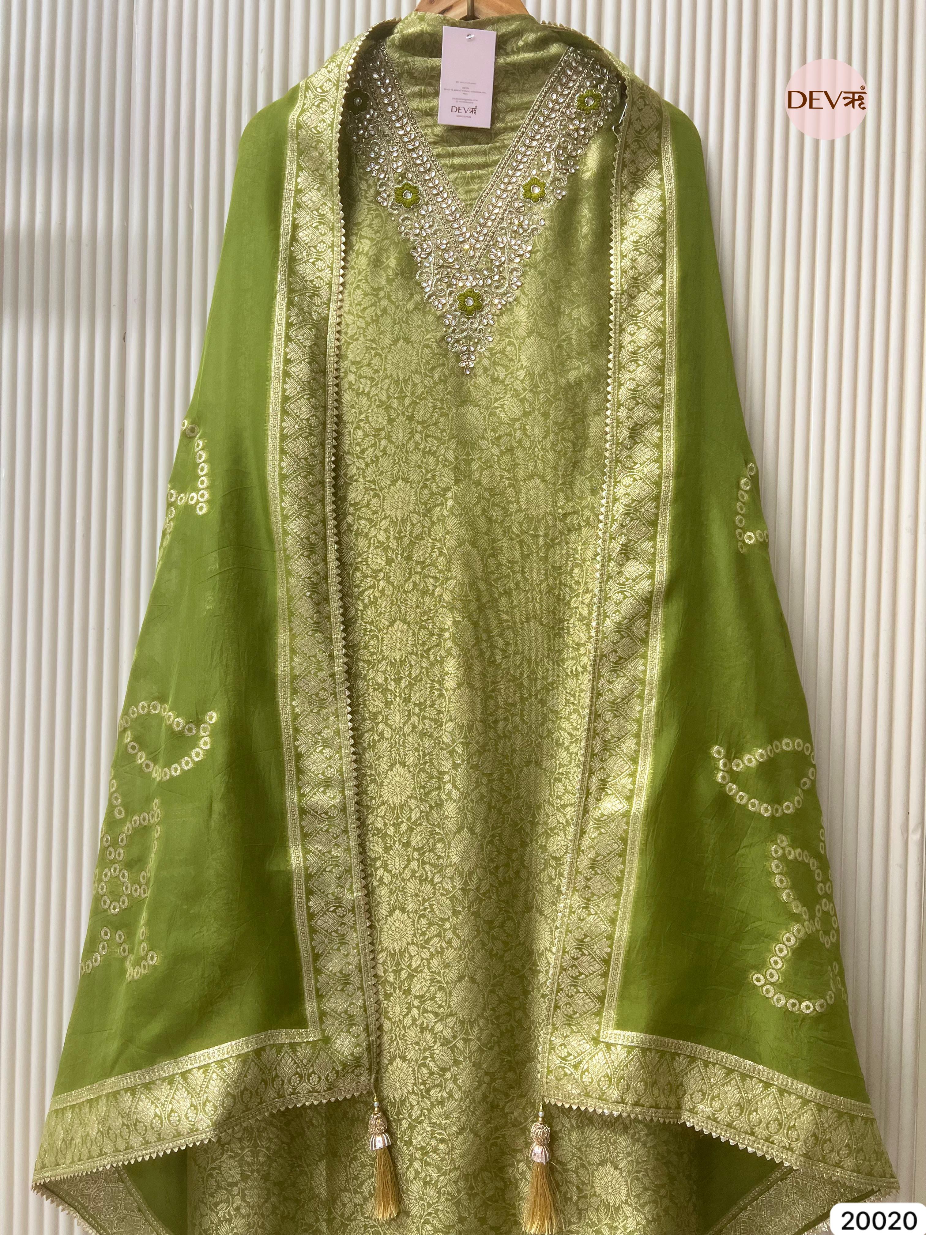 Olive Green Tissue Jacquard Embroidered Unstitched 3-Piece Suit (Devri – D.No 20020)