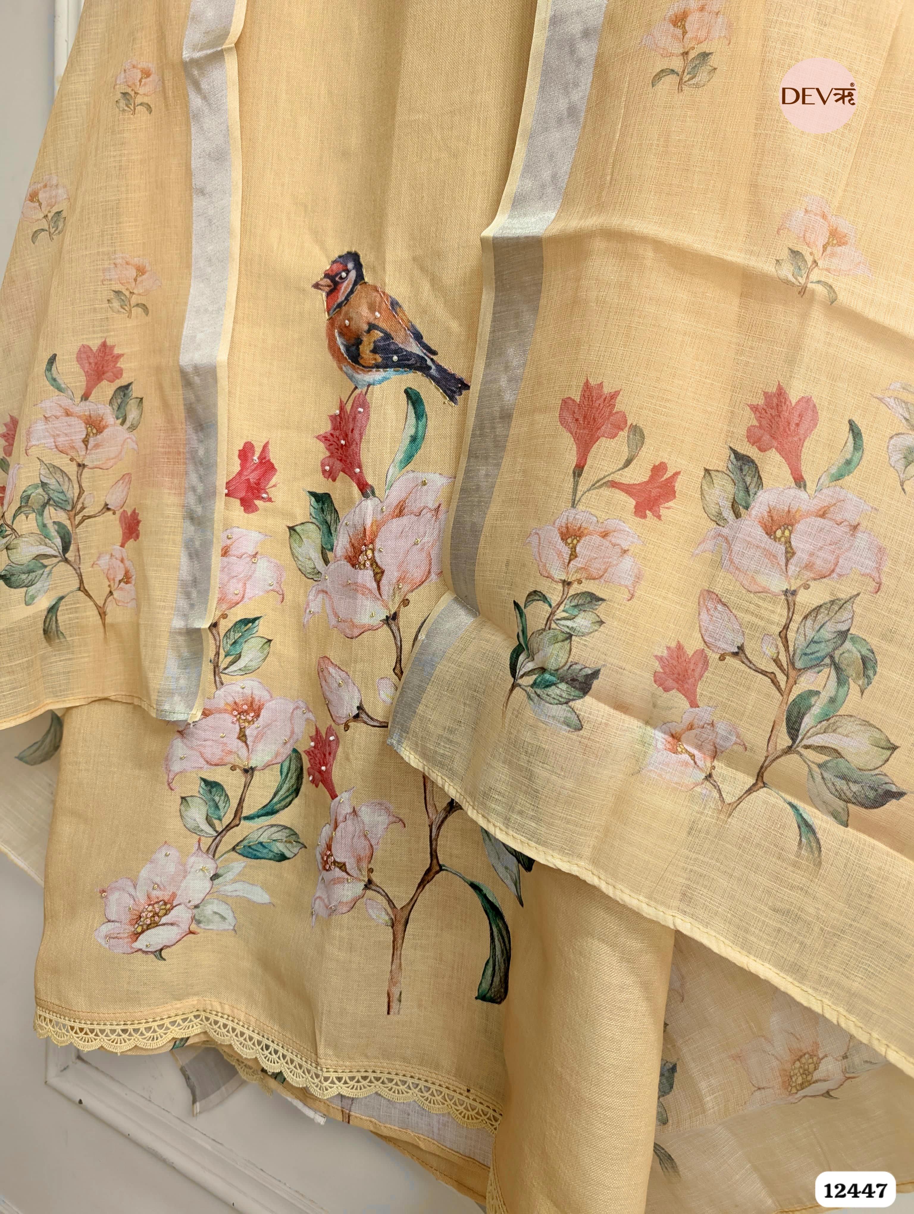 Yellow Linen Cotton Printed Unstitched 3-Piece Suit (Devri – D.No 12447)