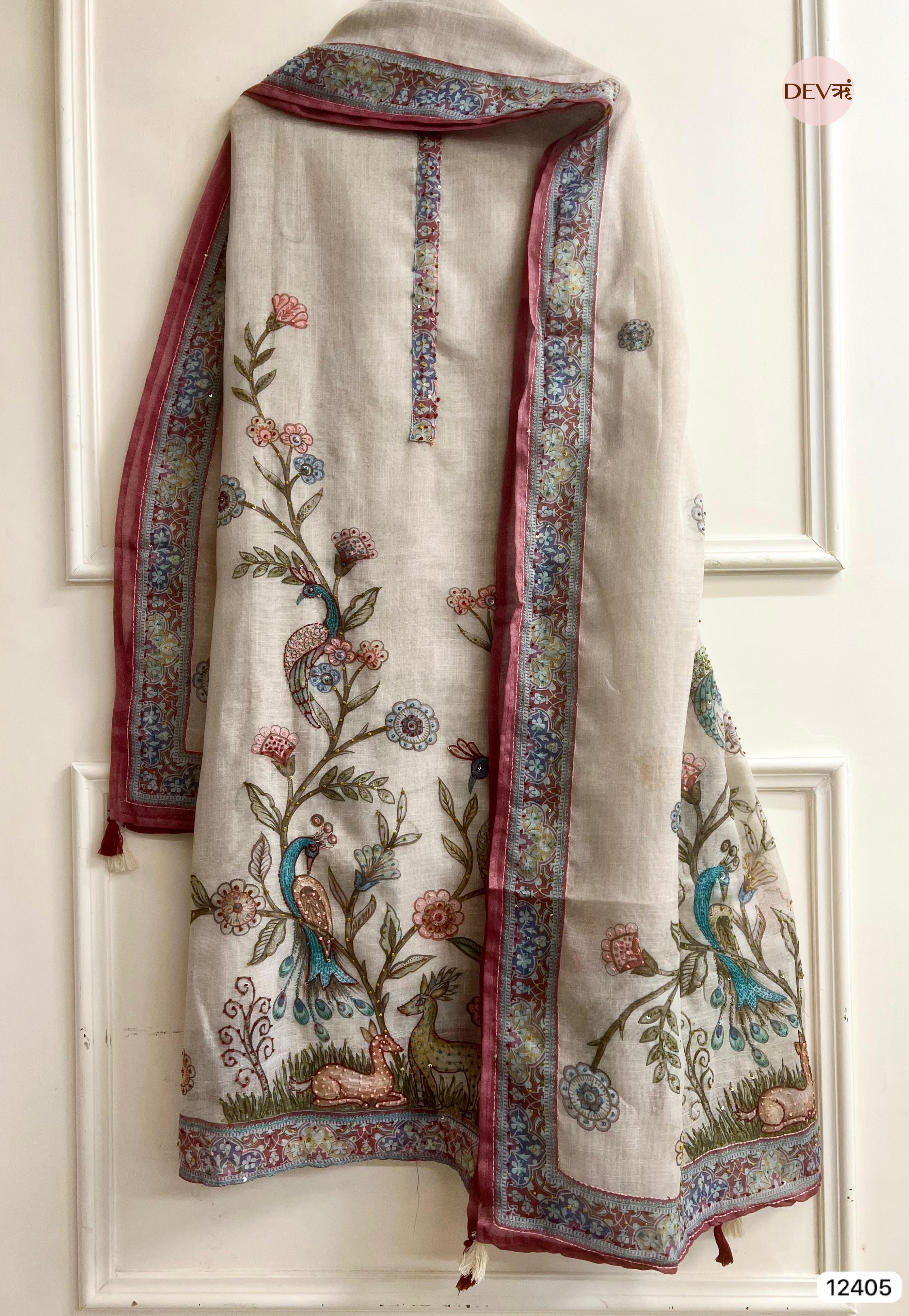 Beige Pure Linen Cotton Printed Unstitched 3-Piece Suit (Devri – D.No 12405).