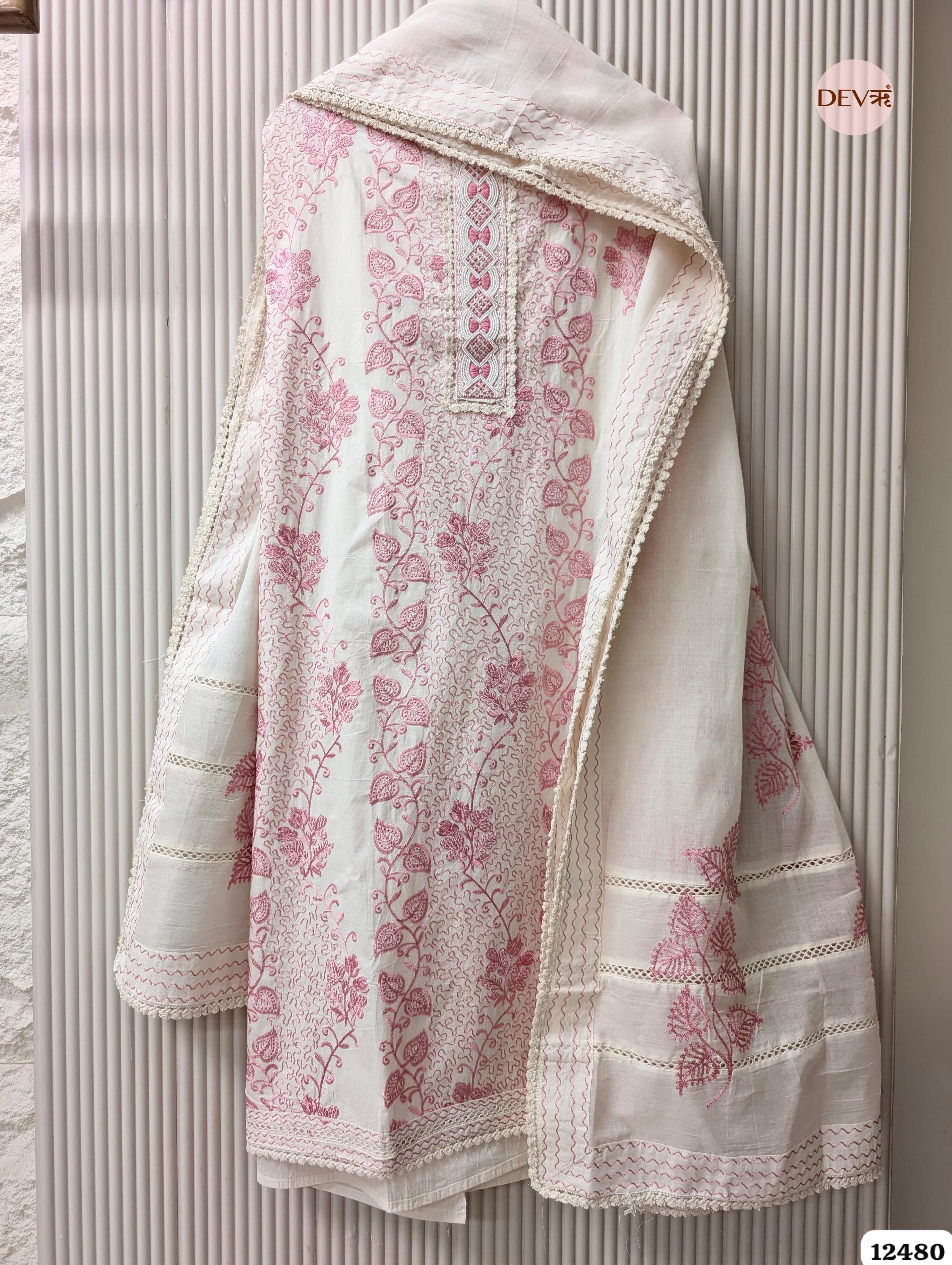 Pink & White Pure Cotton Embroidered Unstitched 3-Piece Suit (Devri – D.No 12480)