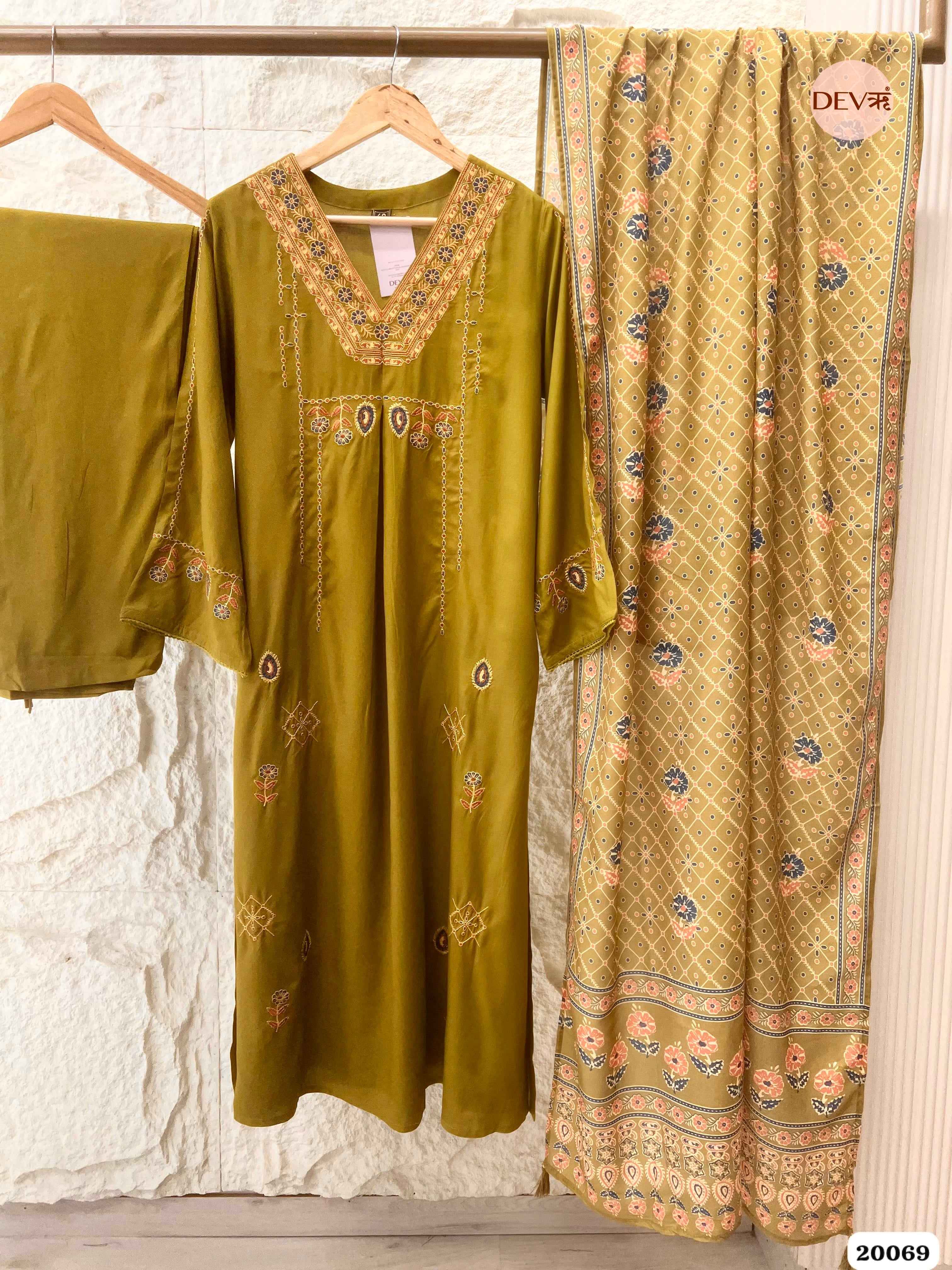 Zoya German Reyon Embroidered Olive Green 3-Piece Set (Devri – D.No 20069)