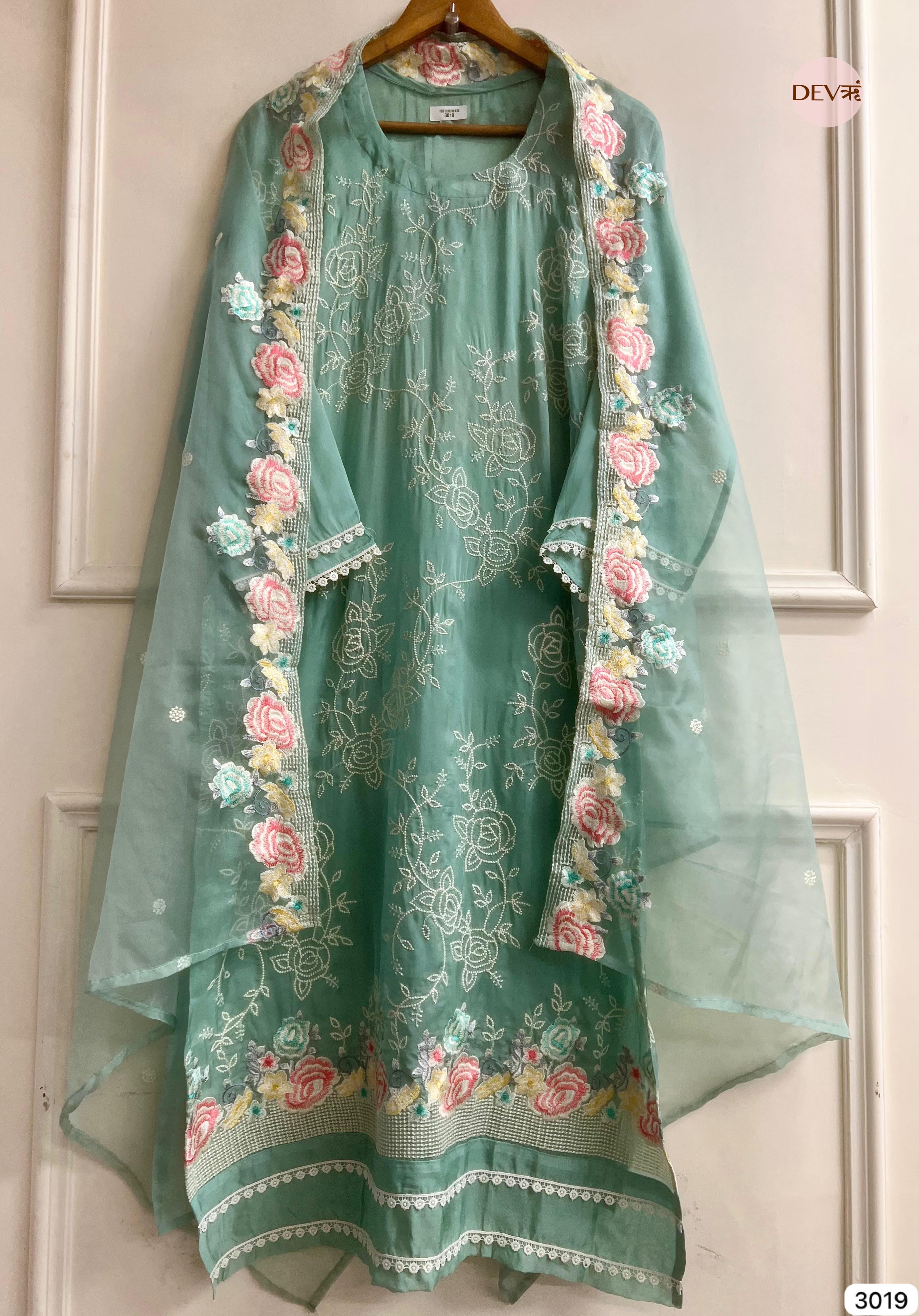 Sea Green Organza Embroidered Unstitched 3-Piece Suit (Devri – D.No 3019)