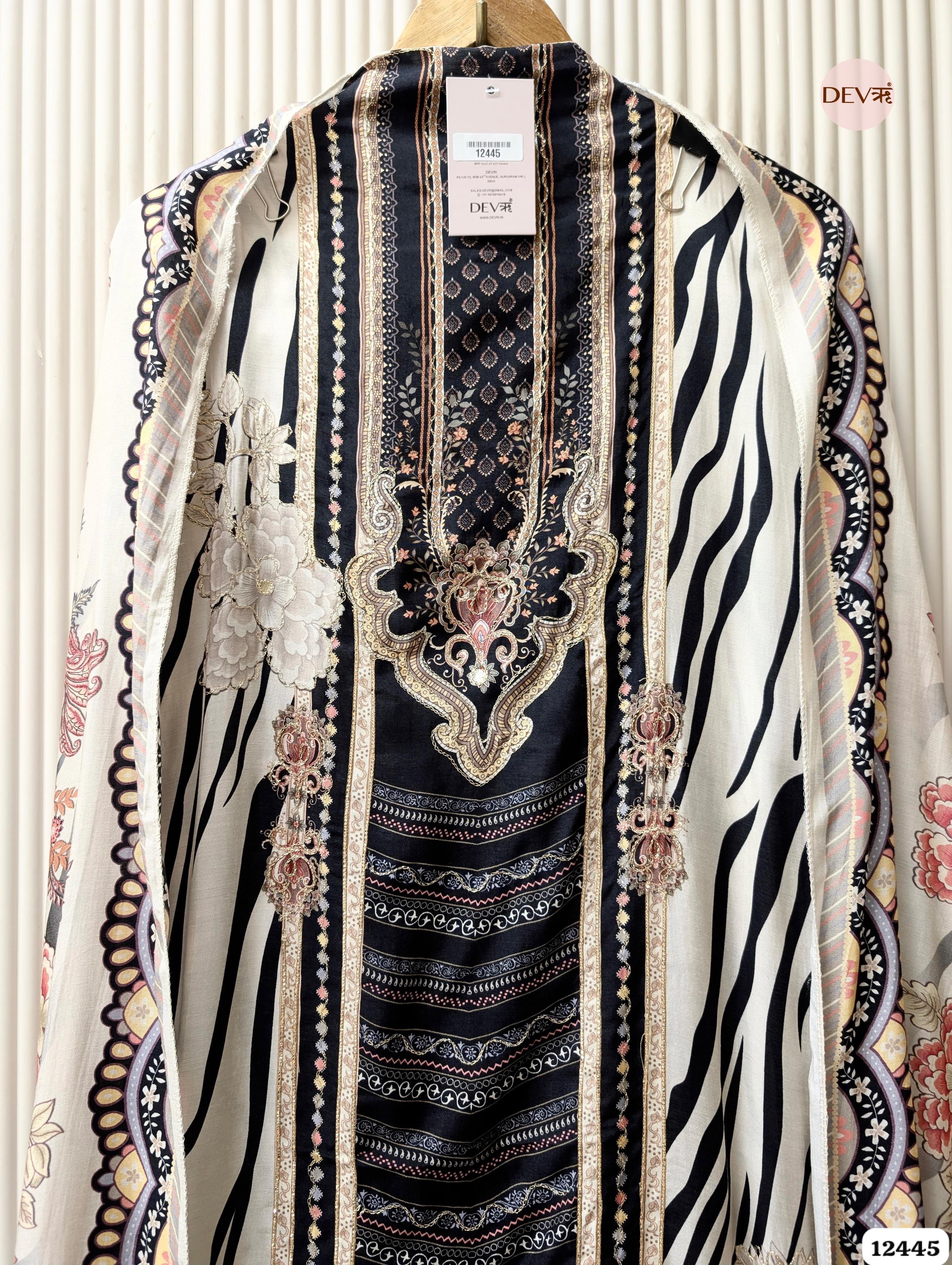 Ivory & Black Muslin Printed Unstitched 3-Piece Suit (Devri – D.No 12445)