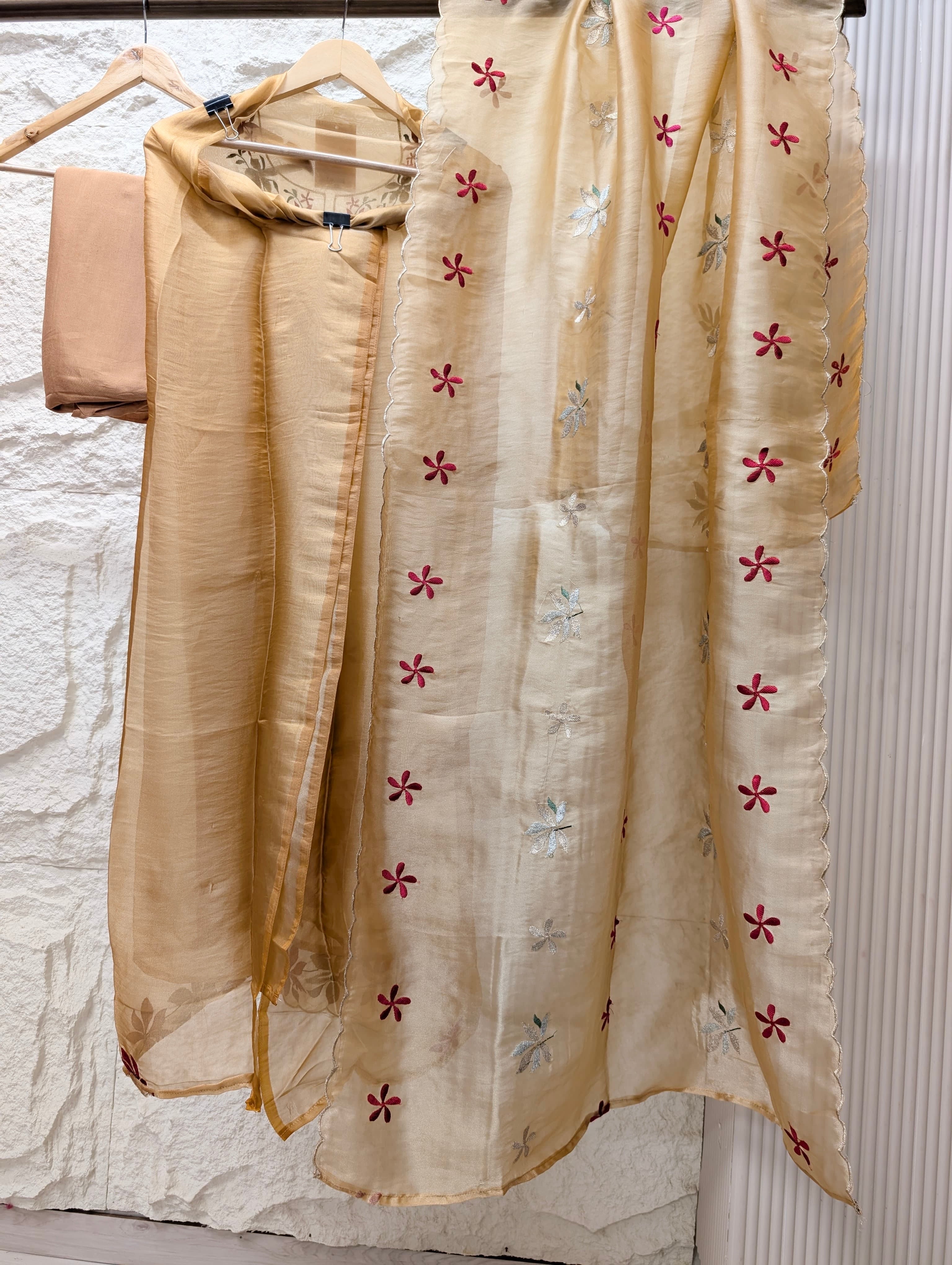 Beige Crush Tissue Silk Embroidered Unstitched 3-Piece Suit (Devri – D.No 13603)