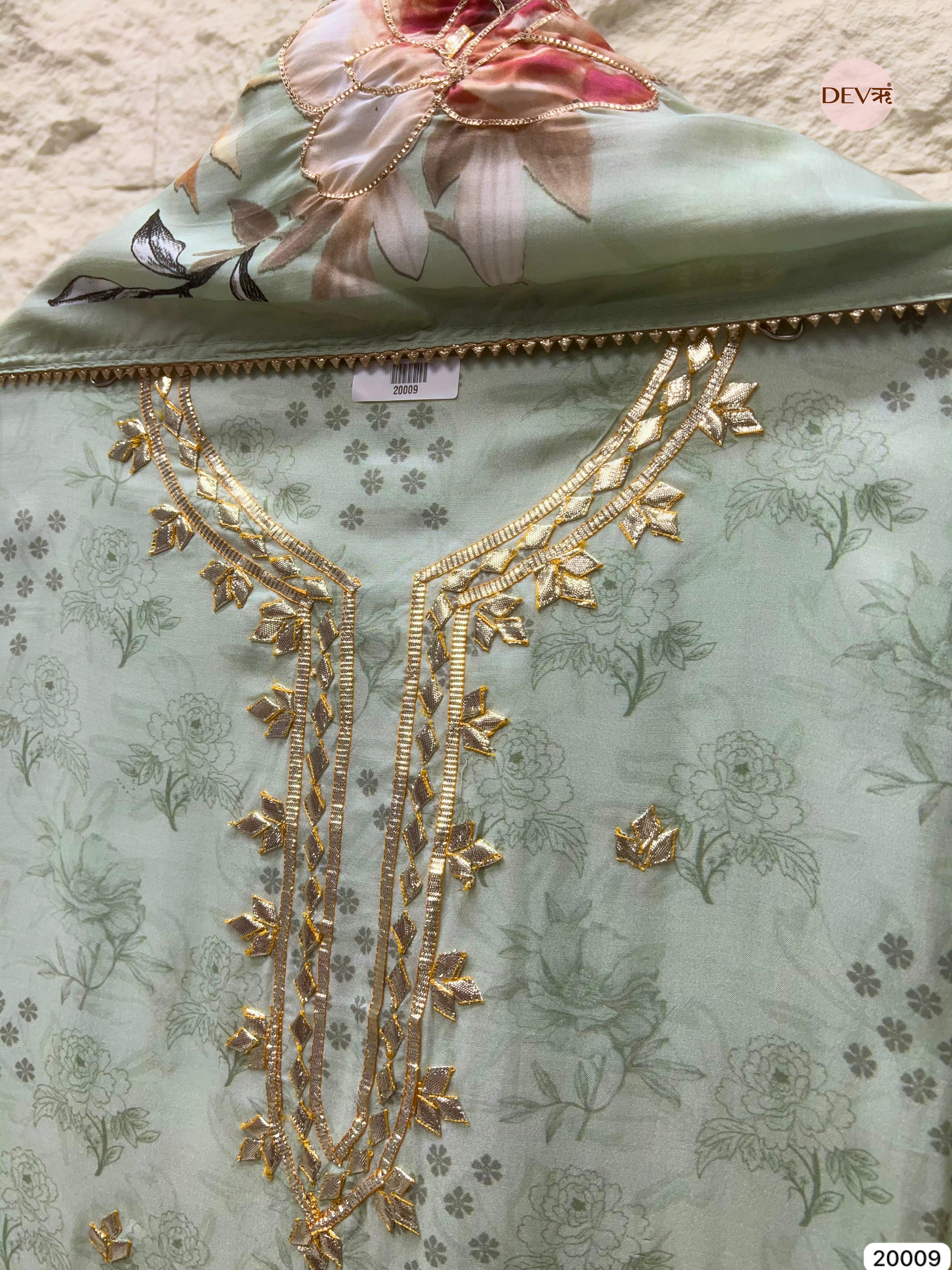 Mint Green Muslin Printed and Embroidered Unstitched 3-Piece Suit (Devri – D.No 20009)