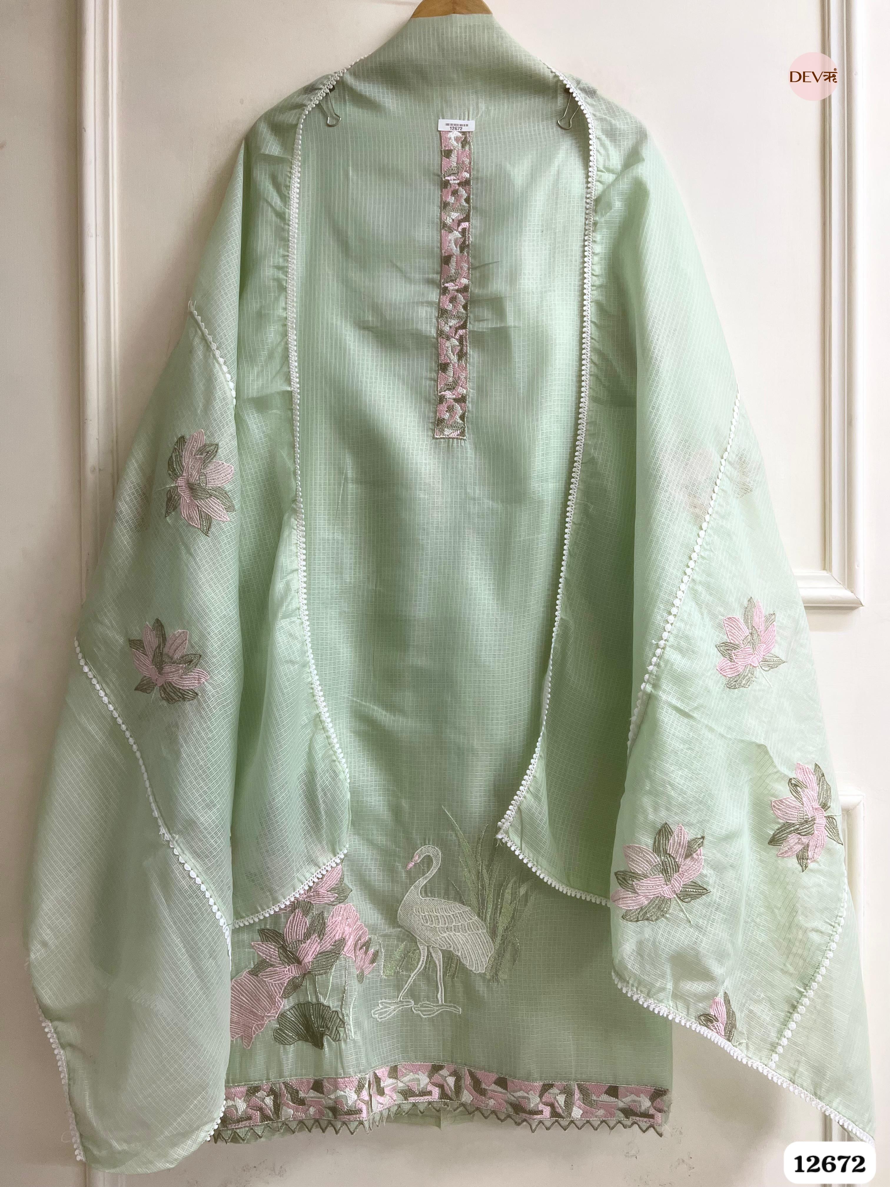 Pista Green Kota Embroidered Unstitched 3-Piece Suit (Devri – D.No 12672)