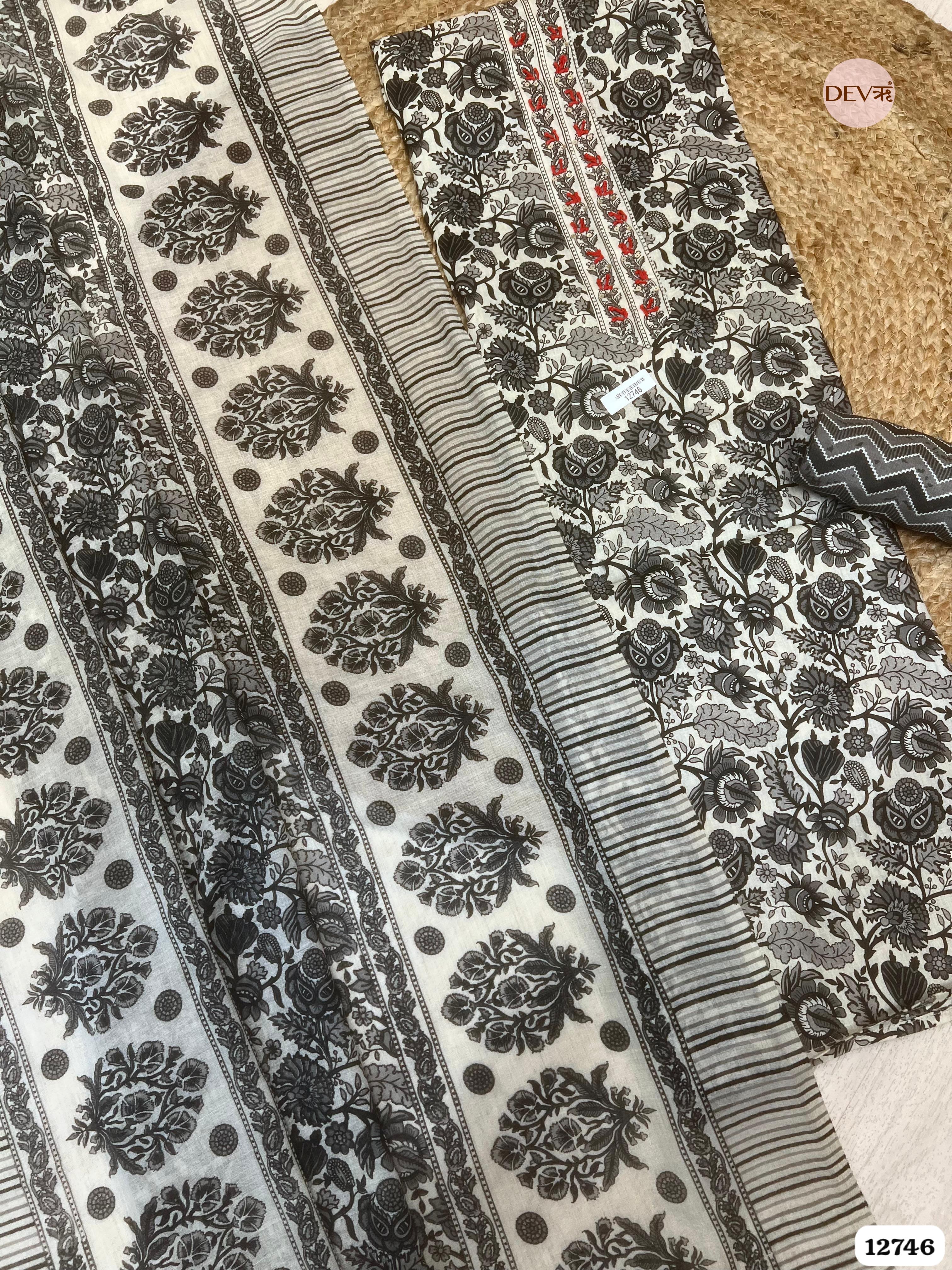 Black Cotton Printed Unstitched 3-Piece Suit (Devri – D.No 12746)