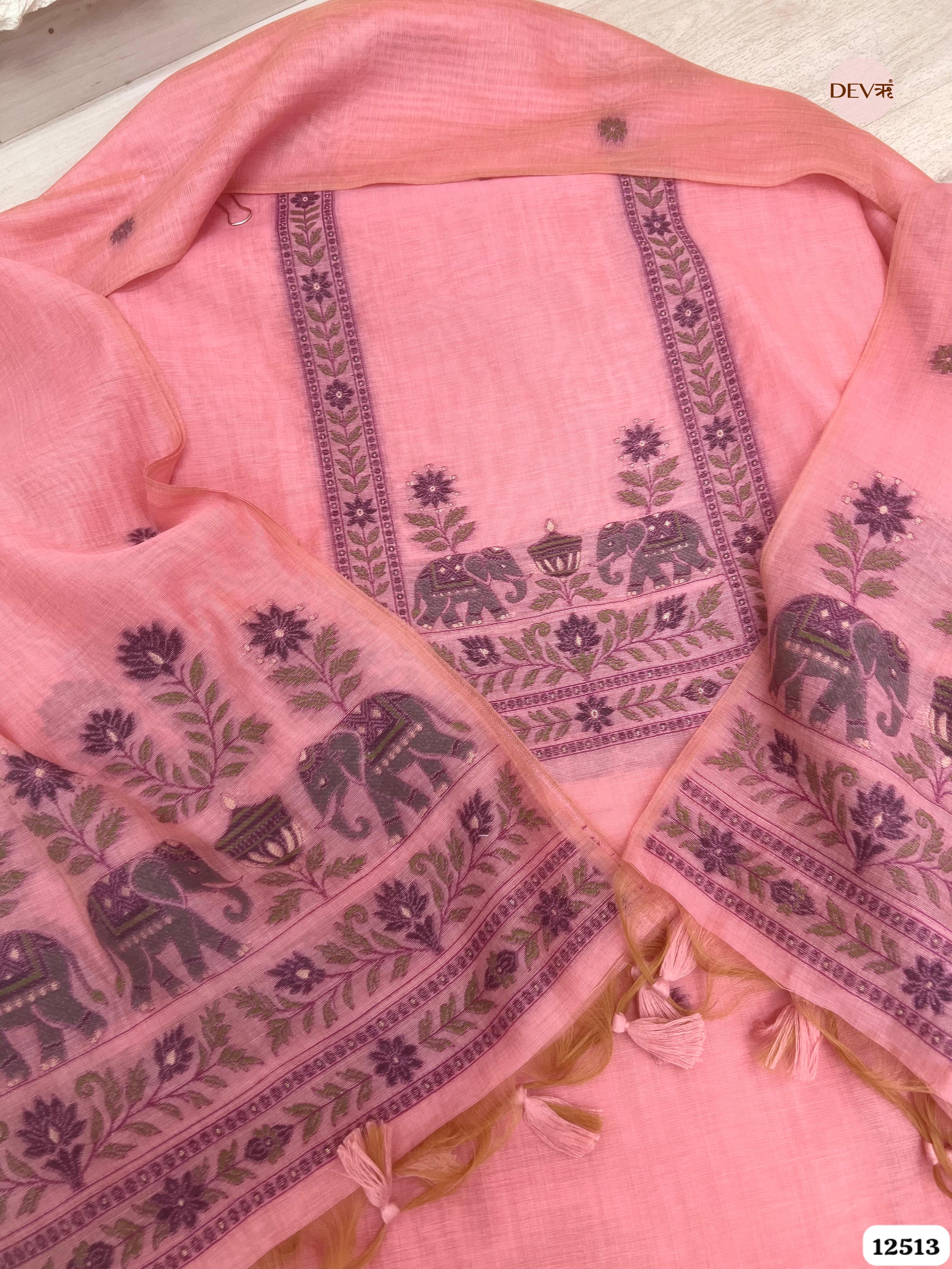 Pink Jamdani Embroidered Unstitched 3-Piece Suit (Devri – D.No 12513)