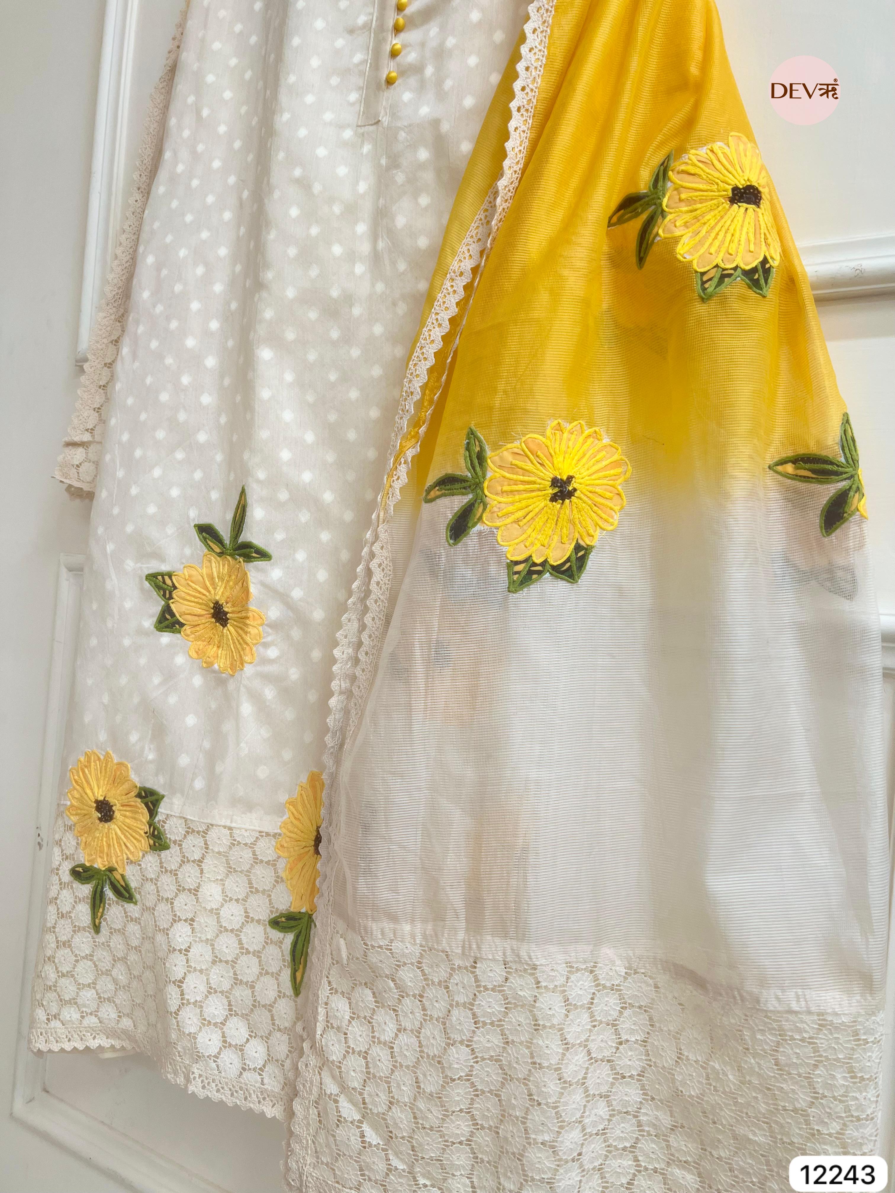 Aarini Mul Chanderi Floral-Embroidered 3-Piece Set (Devri – D.No 12243)