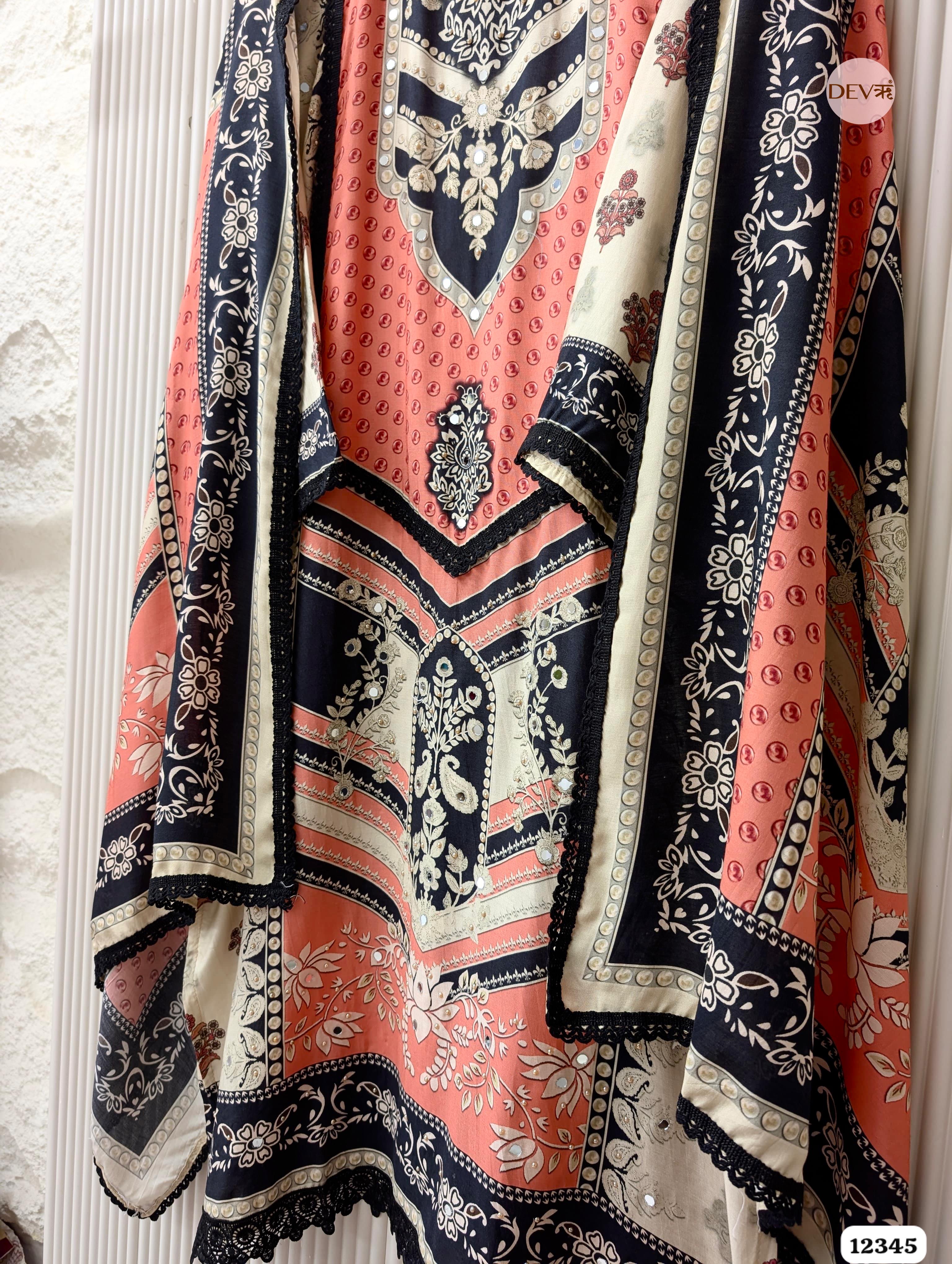 Coral & Black Muslin Printed Unstitched 3-Piece Suit (Devri – D.No. 12345)