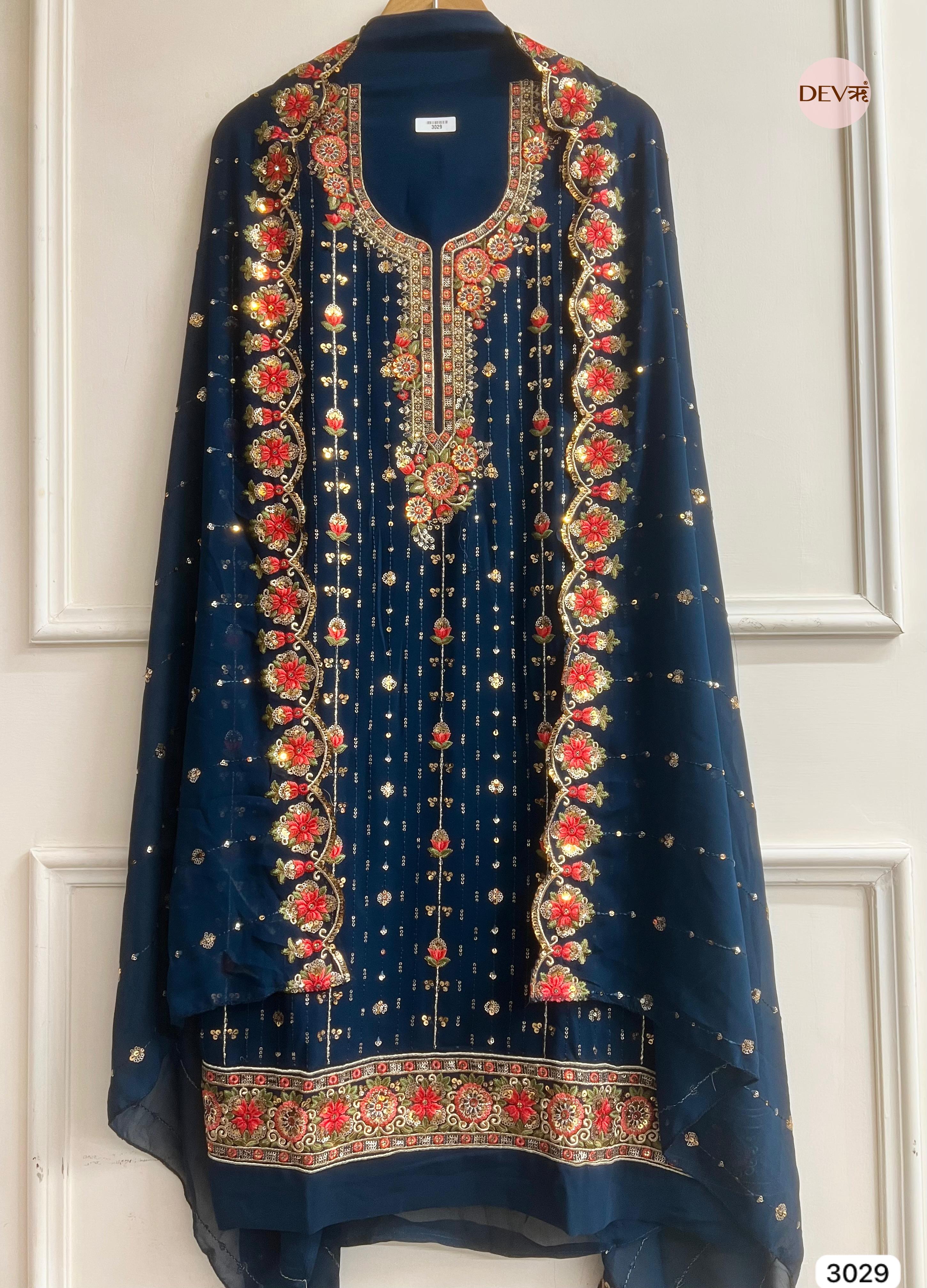 Navy Blue Georgette Embroidered Unstitched 3-Piece Suit (Devri – D.No 3029)