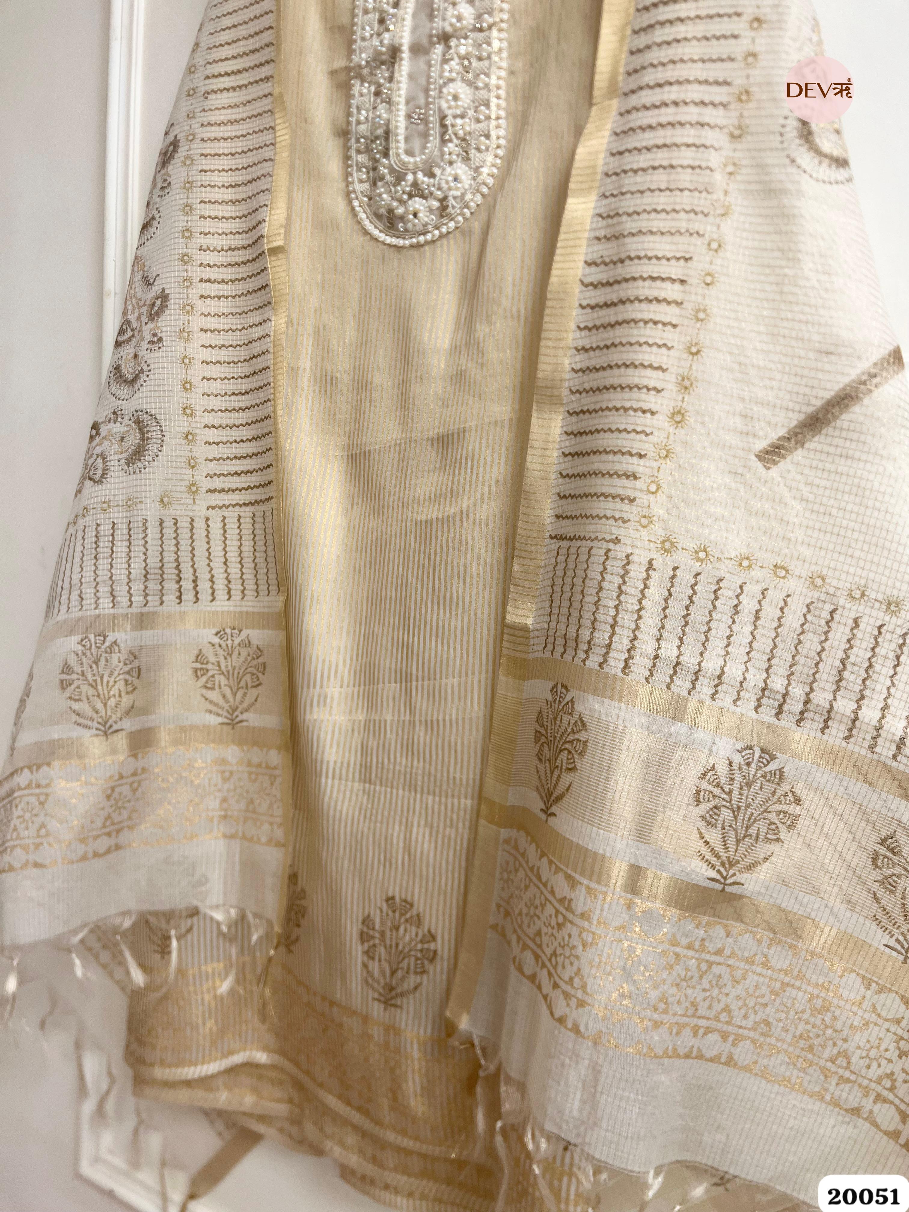 Ivory Tissue Silk Embroidered Unstitched 3-Piece Suit (Devri – D.No. 20051)