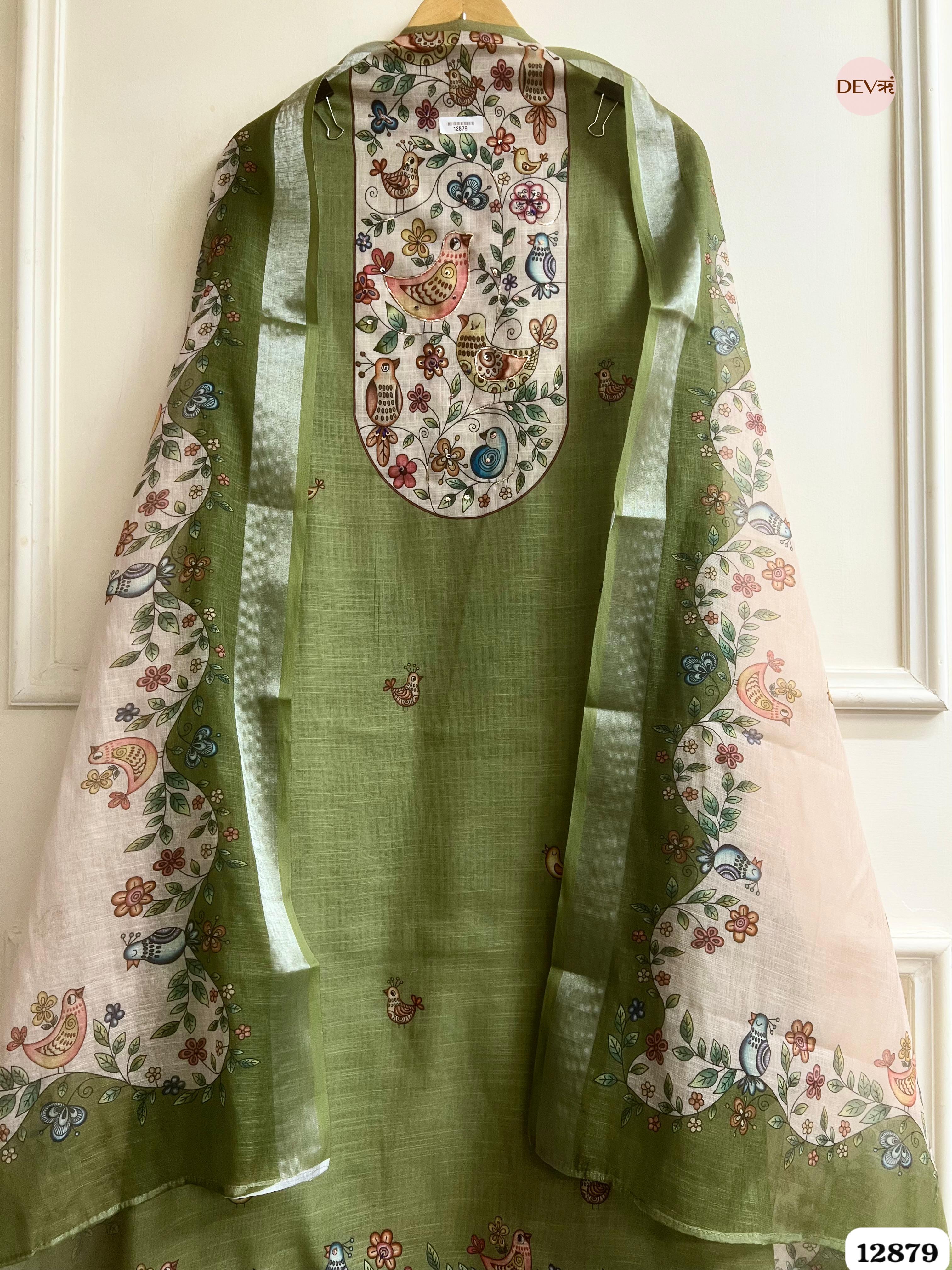 Olive Green Linen Cotton Printed Unstitched 3-Piece Suit (Devri – D.No 12879)