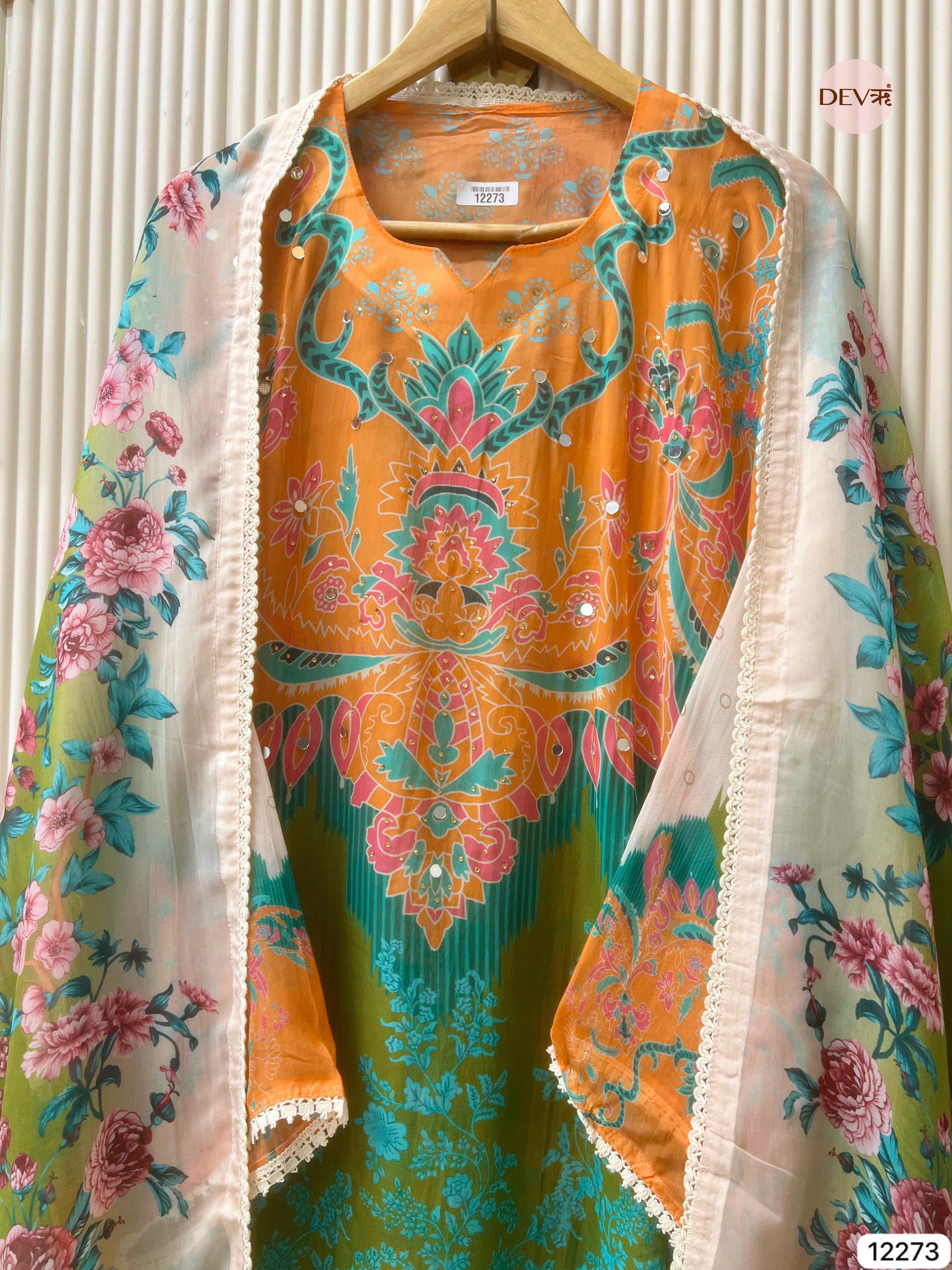 Multicolour Organza Printed Unstitched 3-Piece Suit (Devri – D.No 12273)