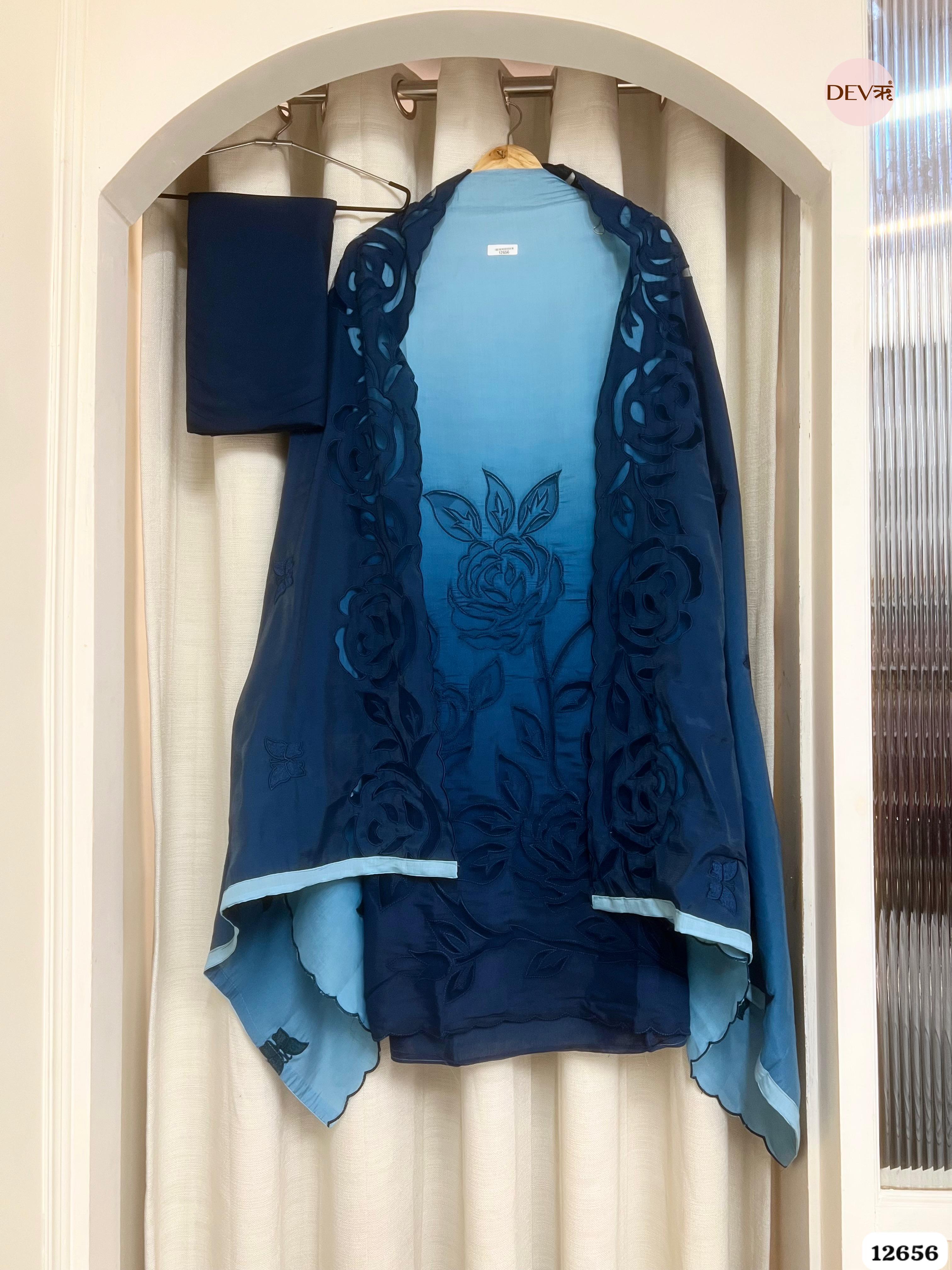 Ombre Blue Mul Chanderi Embroidered Unstitched 3-Piece Suit (Devri – D.No 12656)