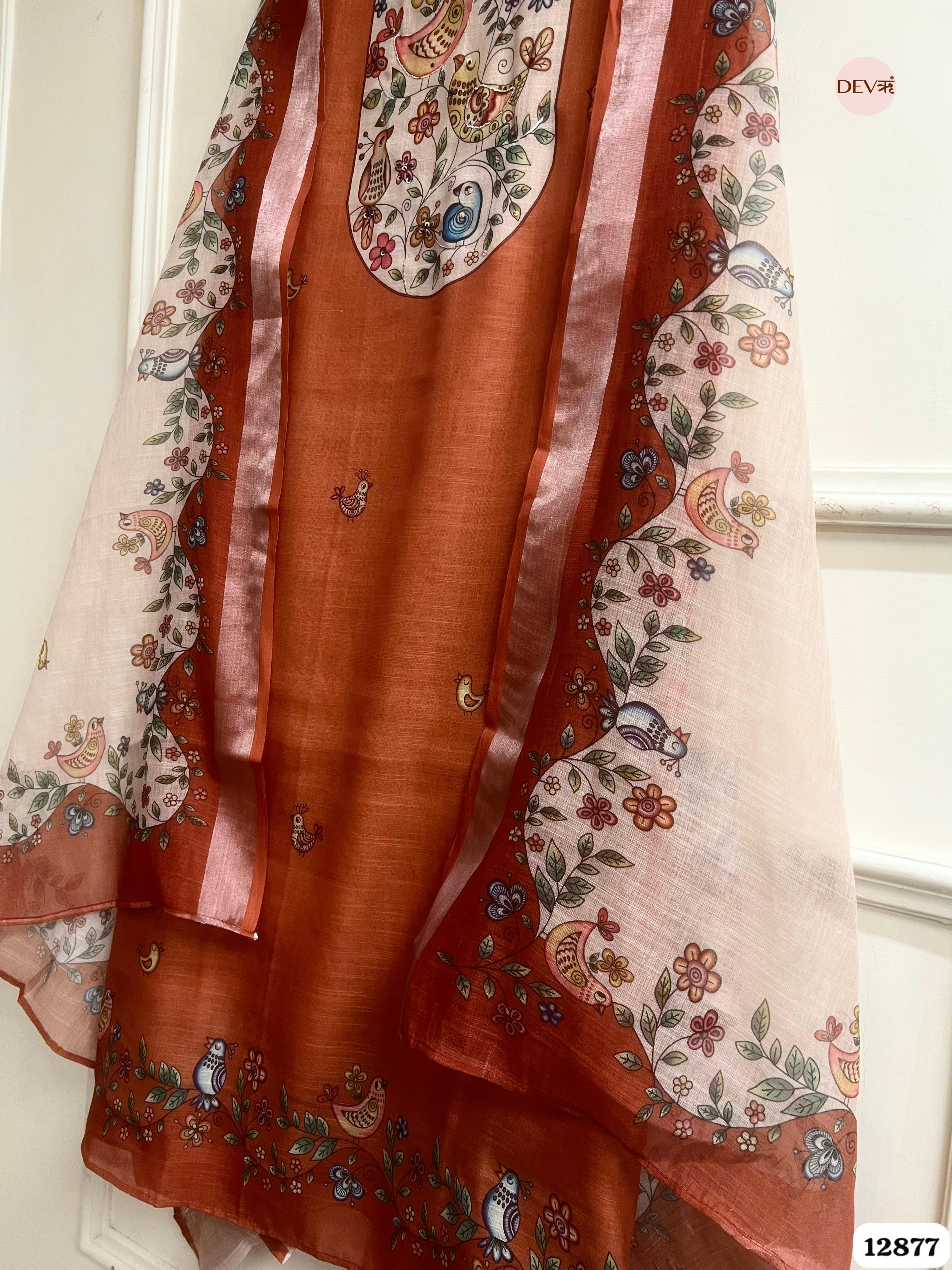 Rust Orange Linen Cotton Printed Unstitched 3-Piece Suit (Devri – D.No 12877)