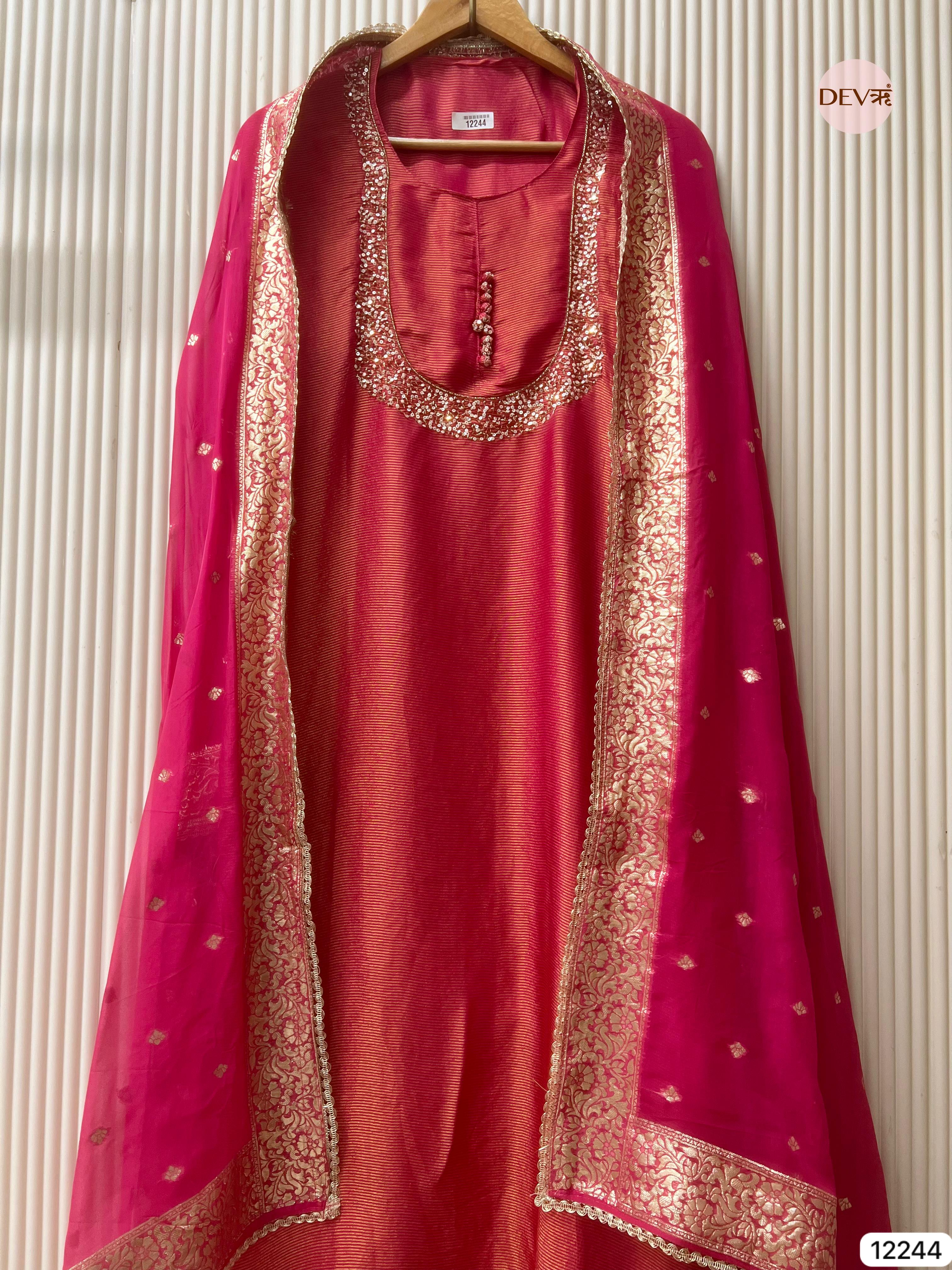 Rani Pink Tissue Shimmer Silk Embroidered Unstitched 3-Piece Suit (Devri – D.No 12244)