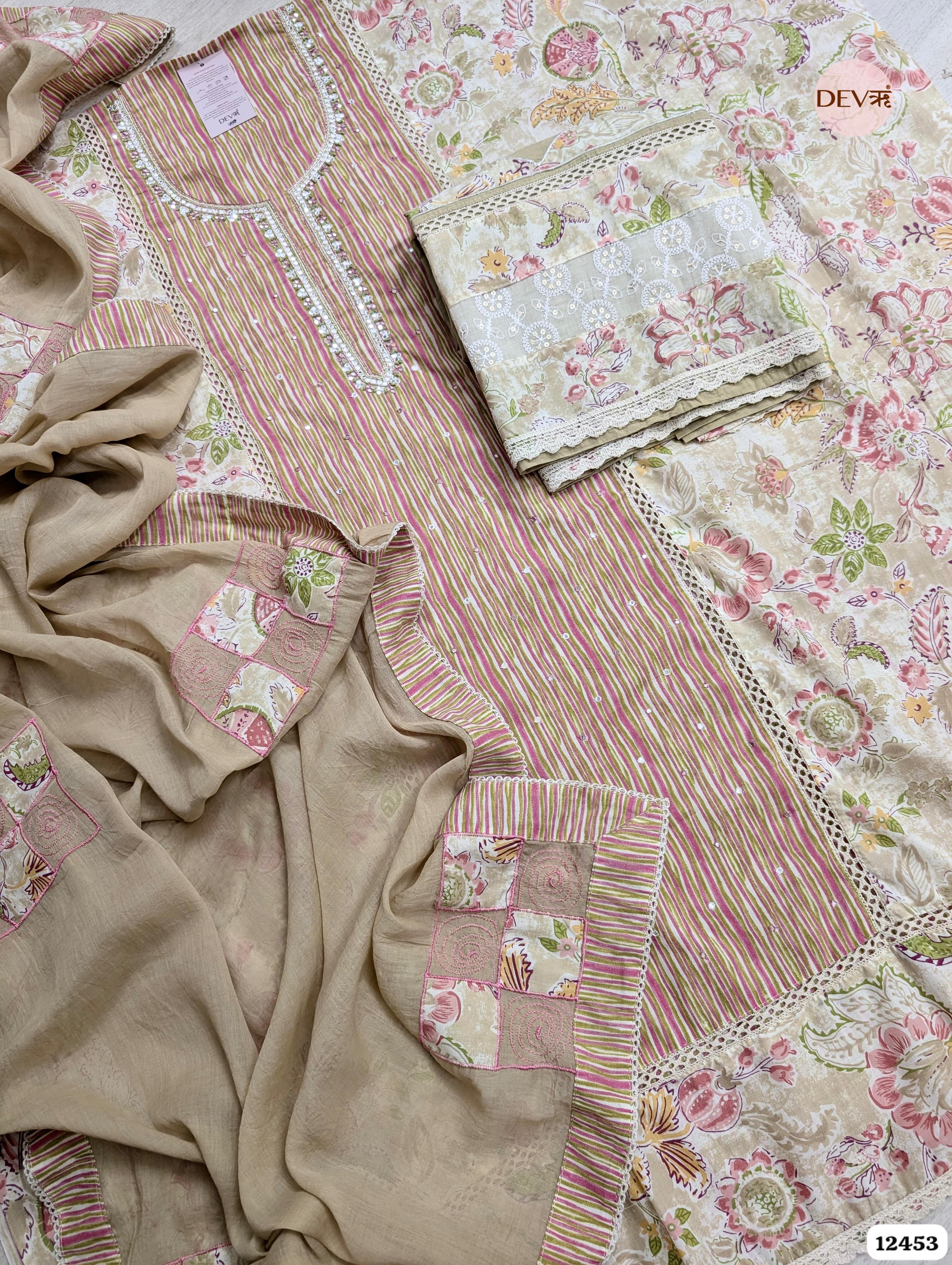 Beige and Pink Cotton Embroidered Unstitched 3-Piece Suit (Devri – D.No .12453)