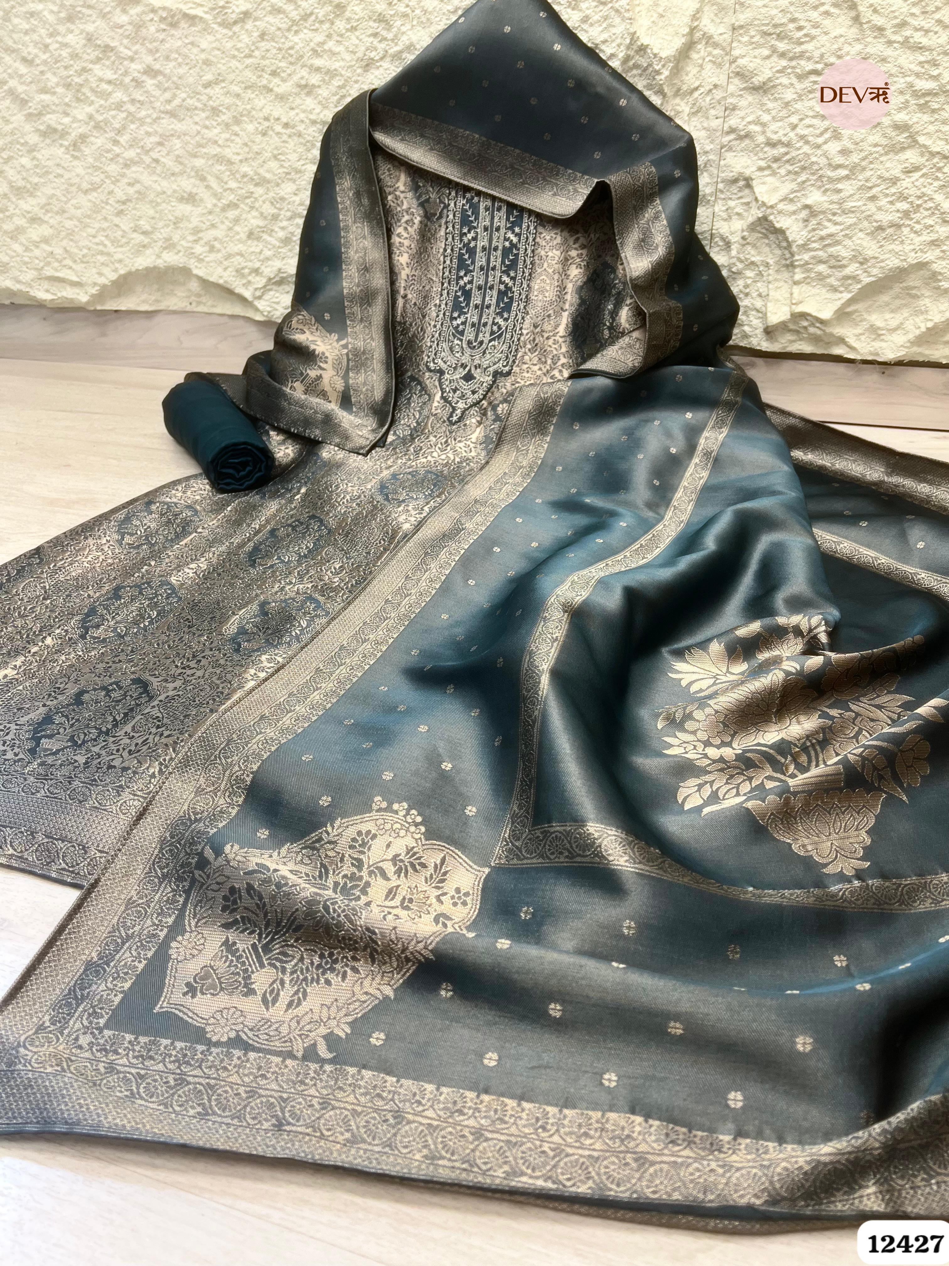 Slate Grey Banarasi Silk Printed Unstitched 3-Piece Suit (Devri – D.No. 12427)