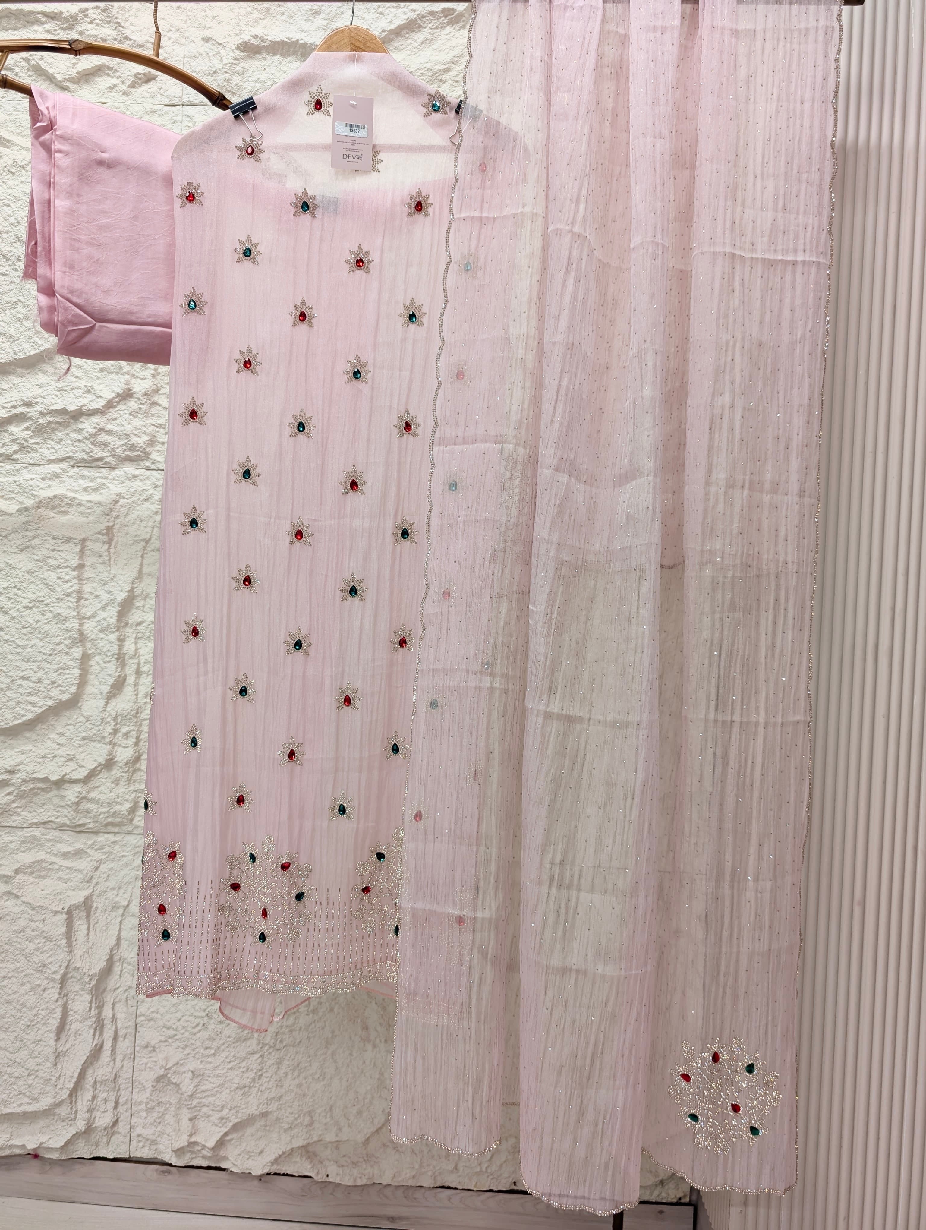 Pink Pure Organza Silk Embroidered Unstitched 3-Piece Suit (Devri – D.No 13637)