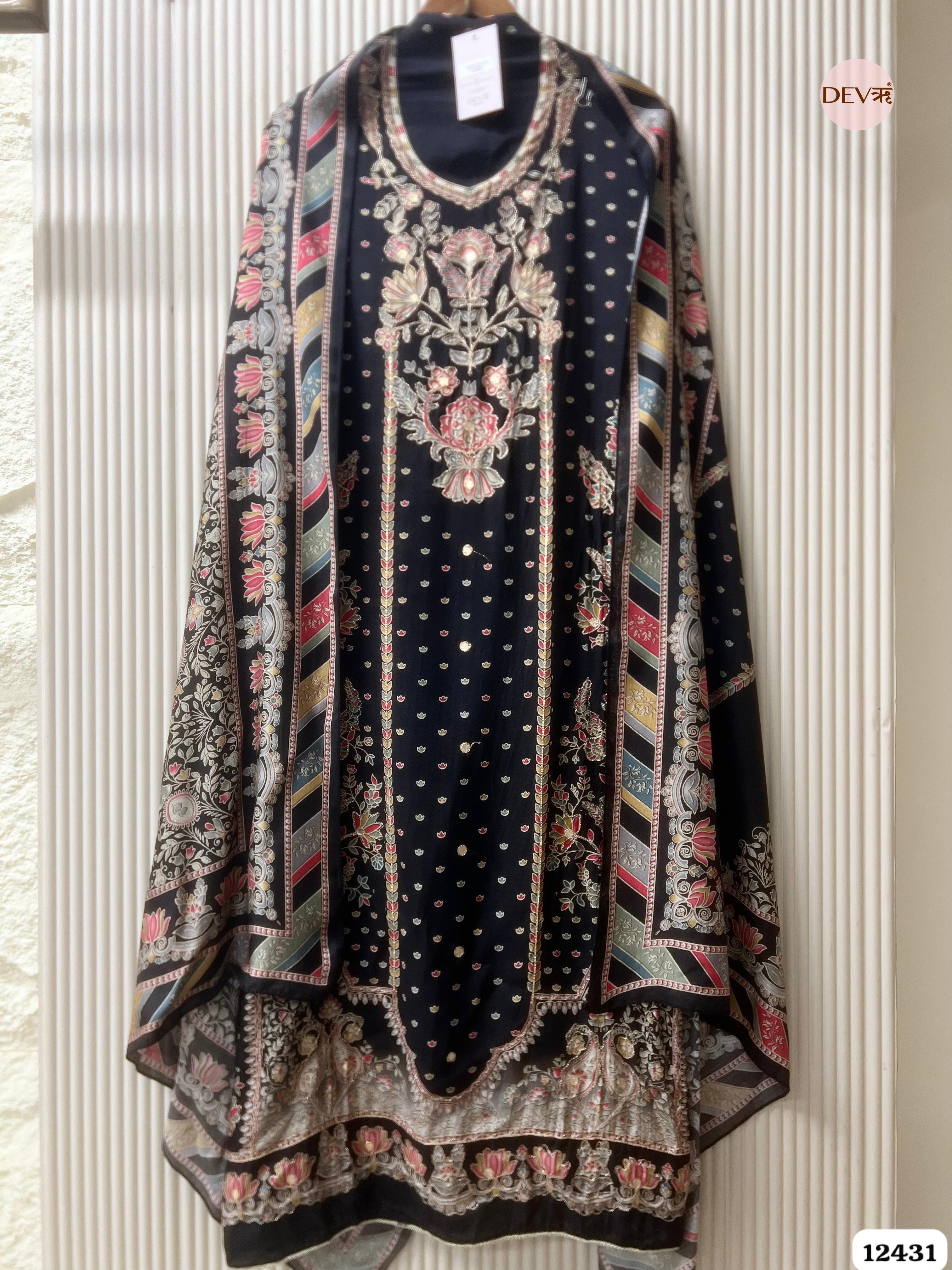 Black Muslin Printed Unstitched 3-Piece Suit (Devri – D.No. 12431)