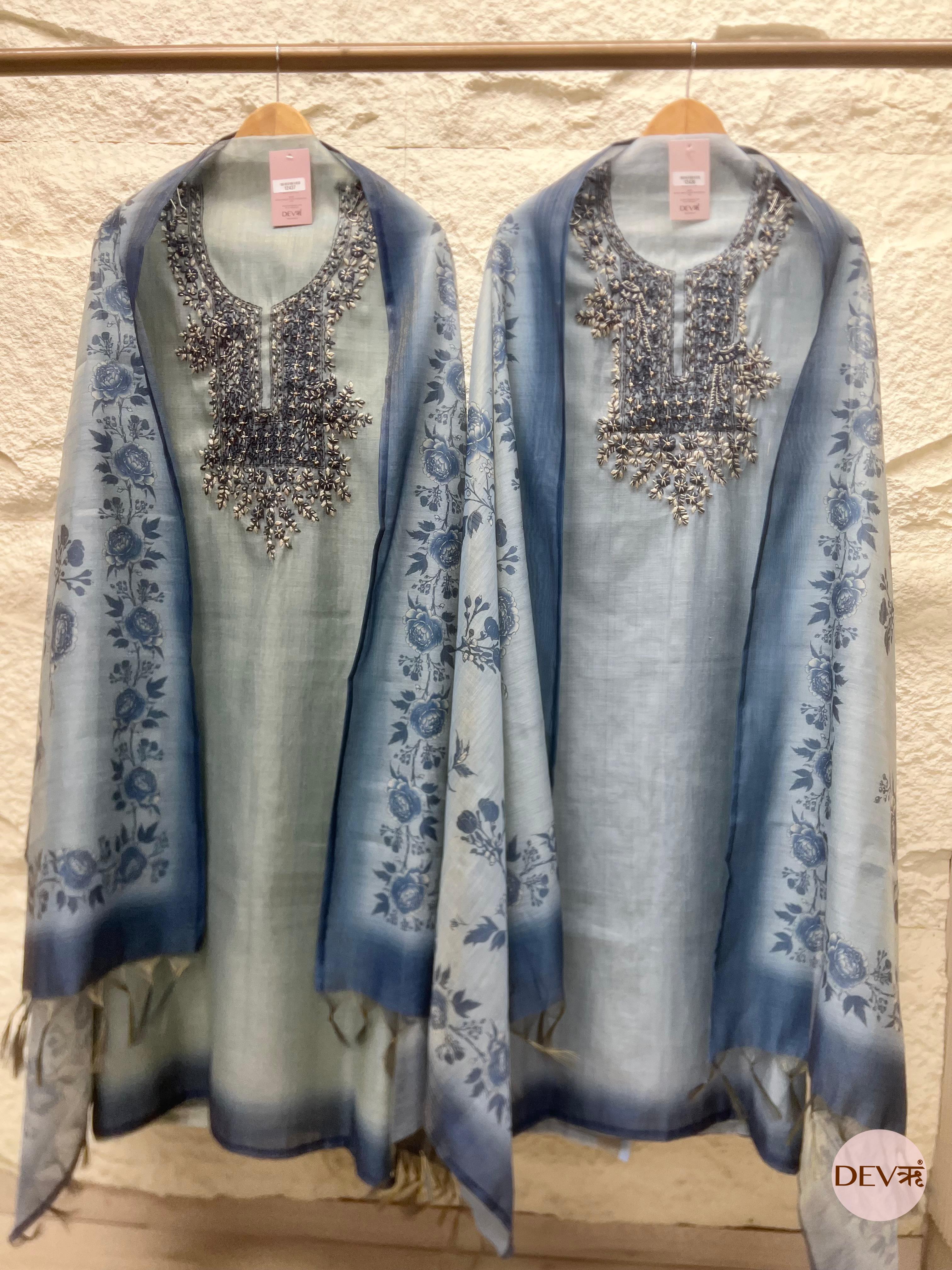 Dusty Blue Pure Linen Tissue Embroidered Unstitched 3-Piece Suit (Devri – D.No. 12438)