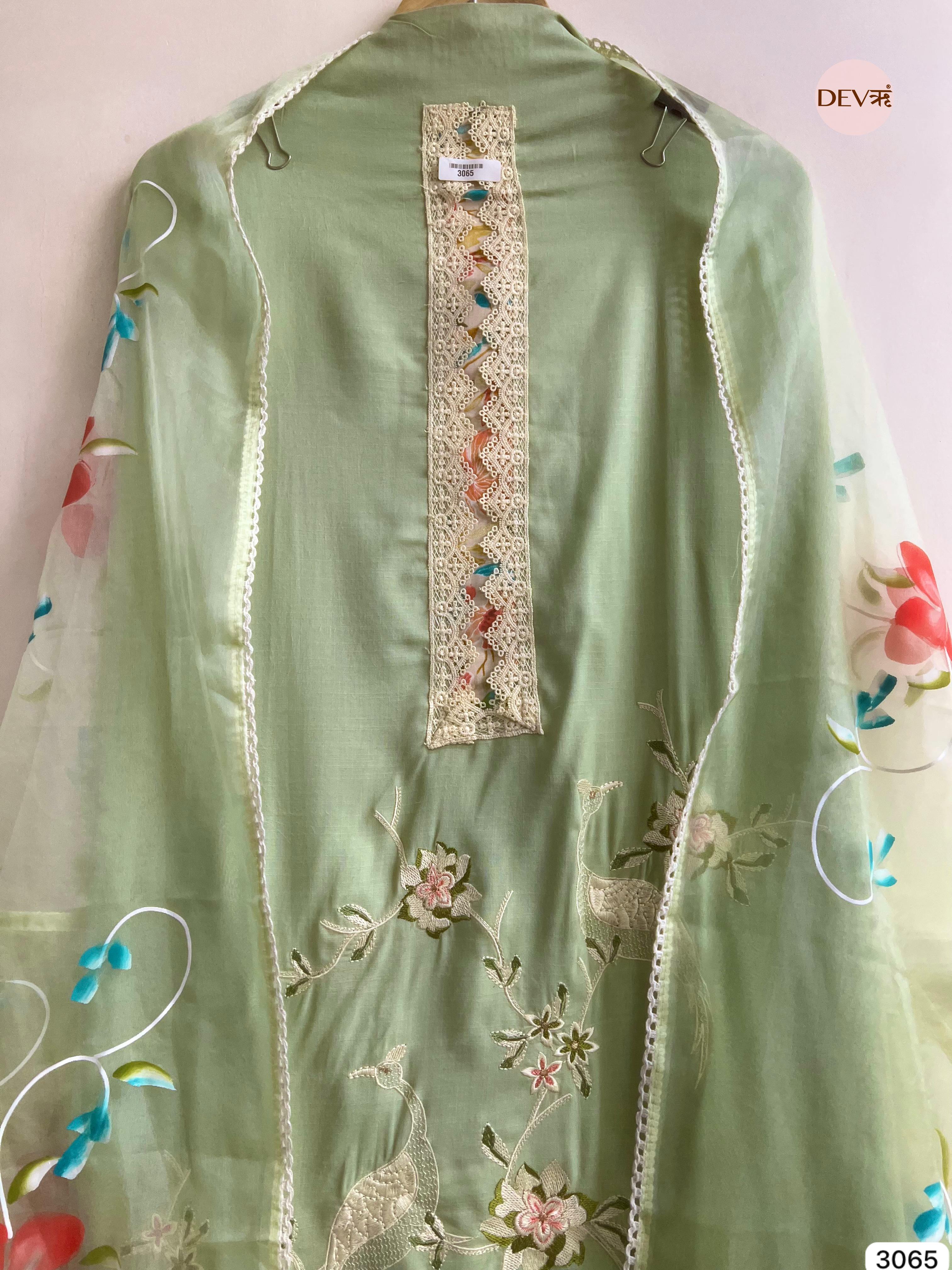 Mint Green Muslin Embroidered Unstitched 3-Piece Suit (Devri – D.No 3065)