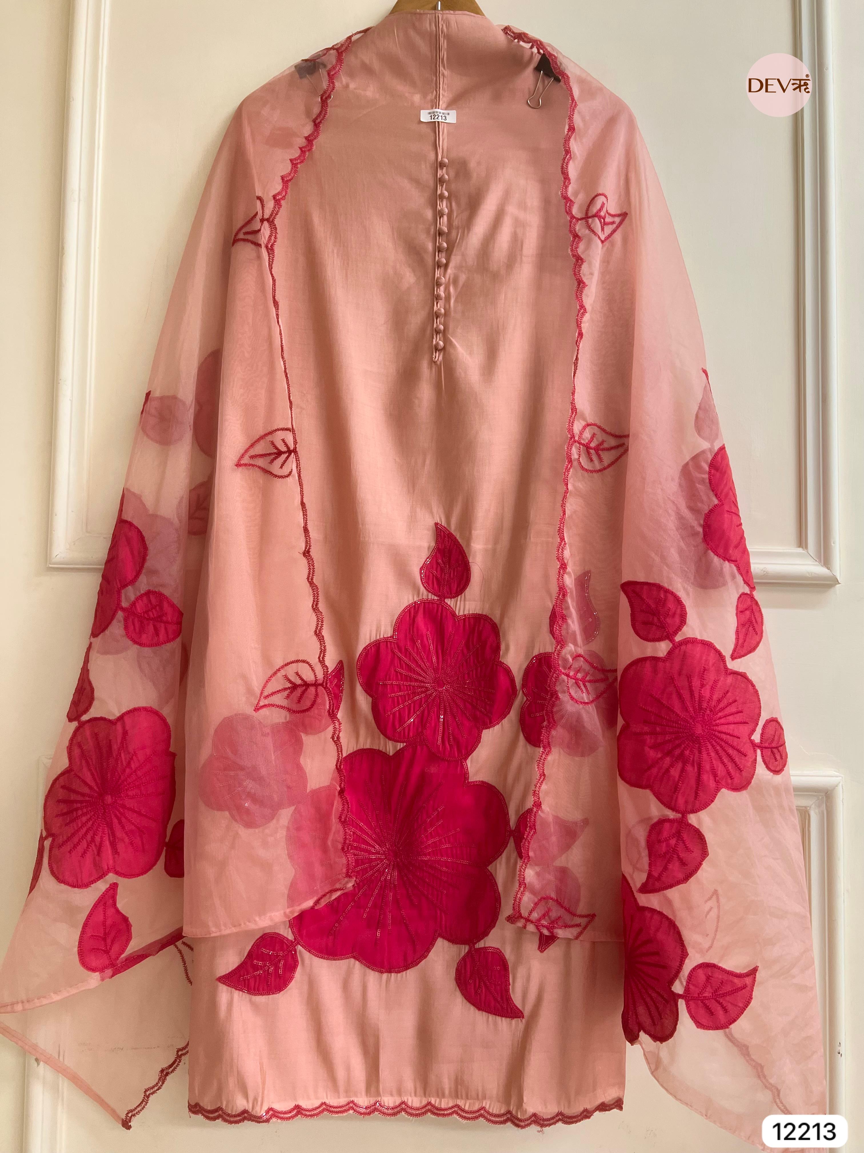 Peach Modal Silk Embroidered Unstitched 3-Piece Suit (Devri – D.No 12213)