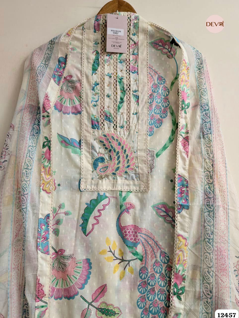 Cream & Multi-Color Pure Cotton Printed Unstitched 3-Piece Suit (Devri – D.No. 12457)