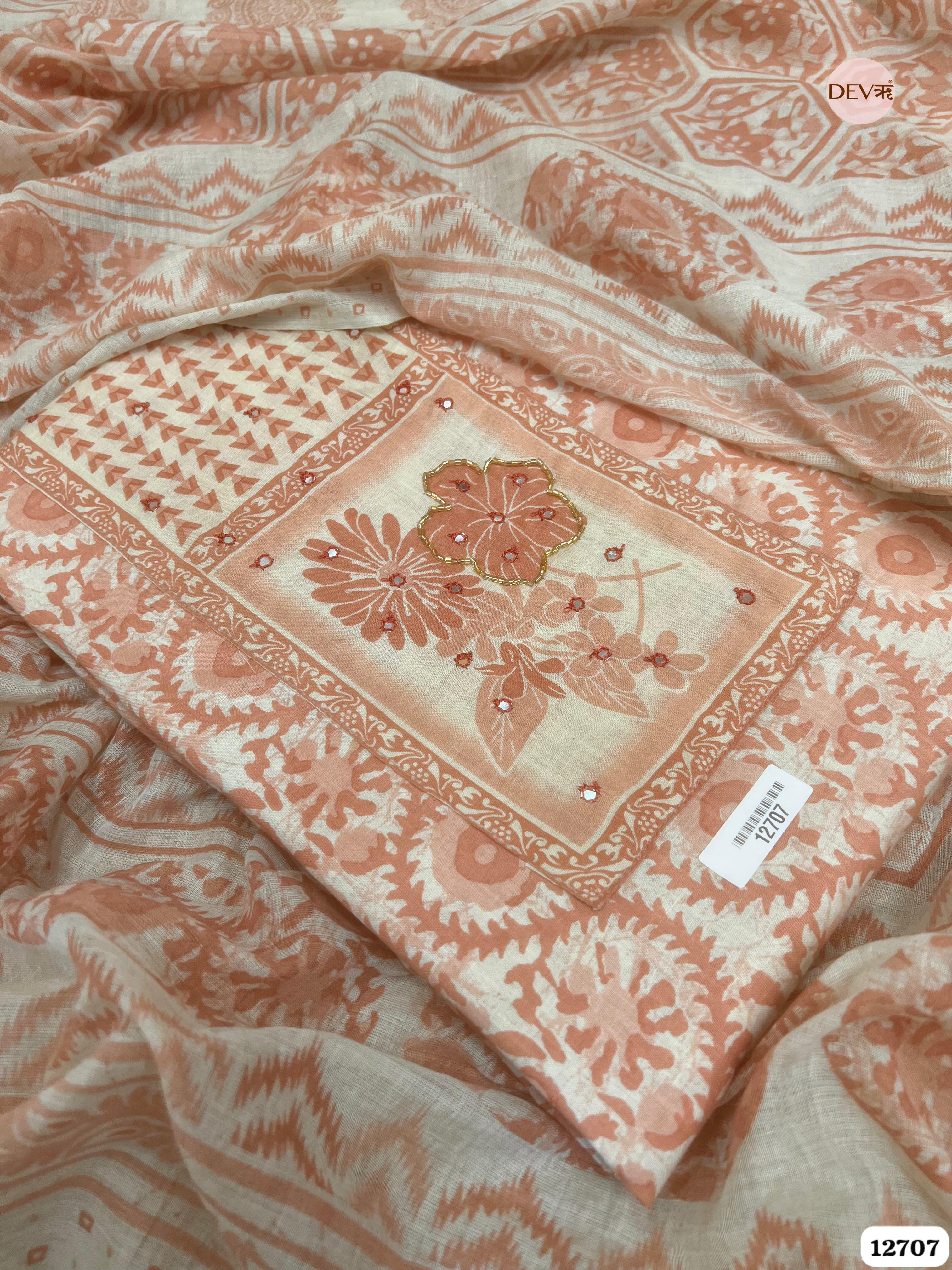 Peach Cotton Printed Unstitched 3-Piece Suit (Devri – D.No 12707)