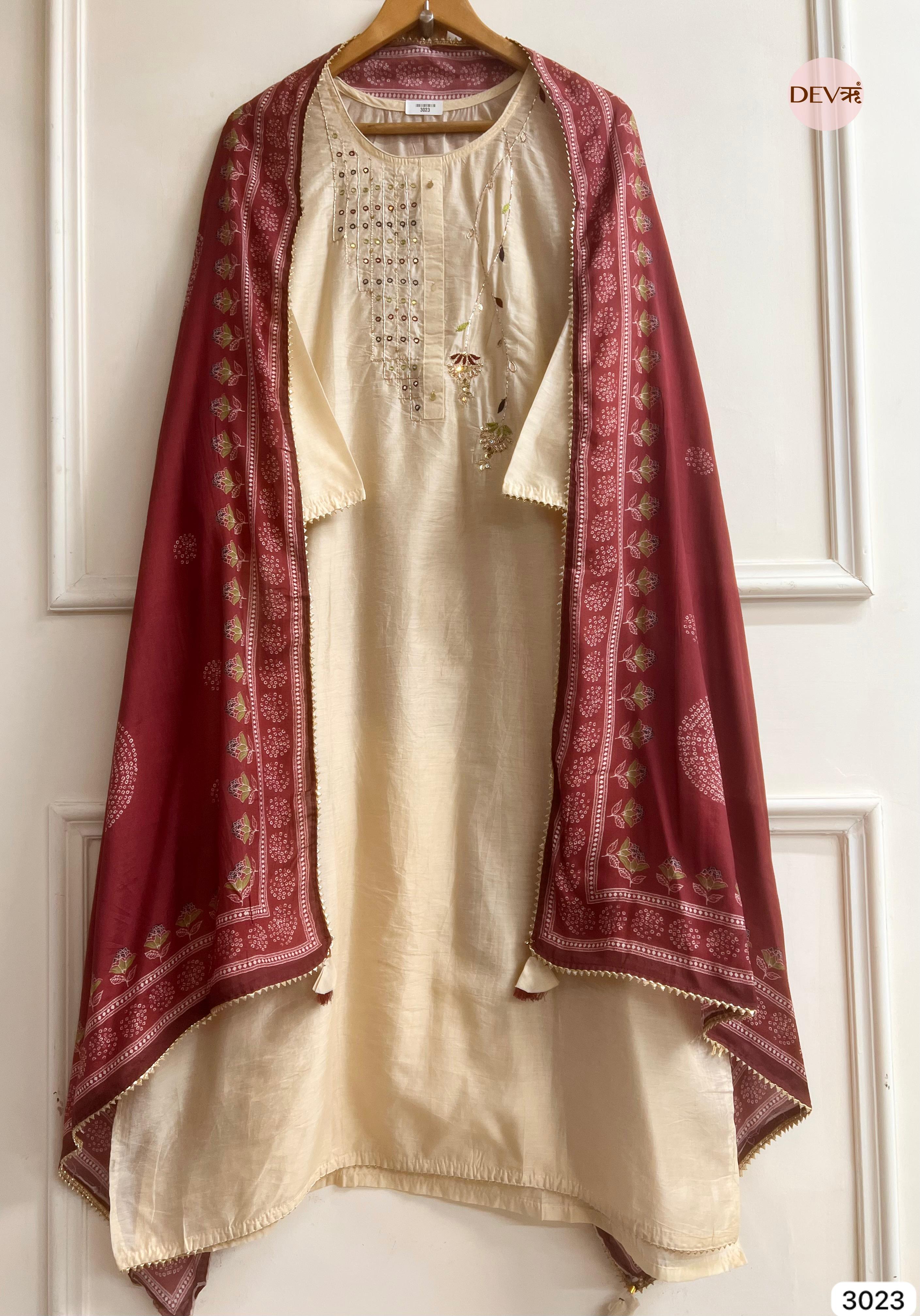 Beige Muslin Embroidered Unstitched 3-Piece Suit (Devri – D.No 3023)