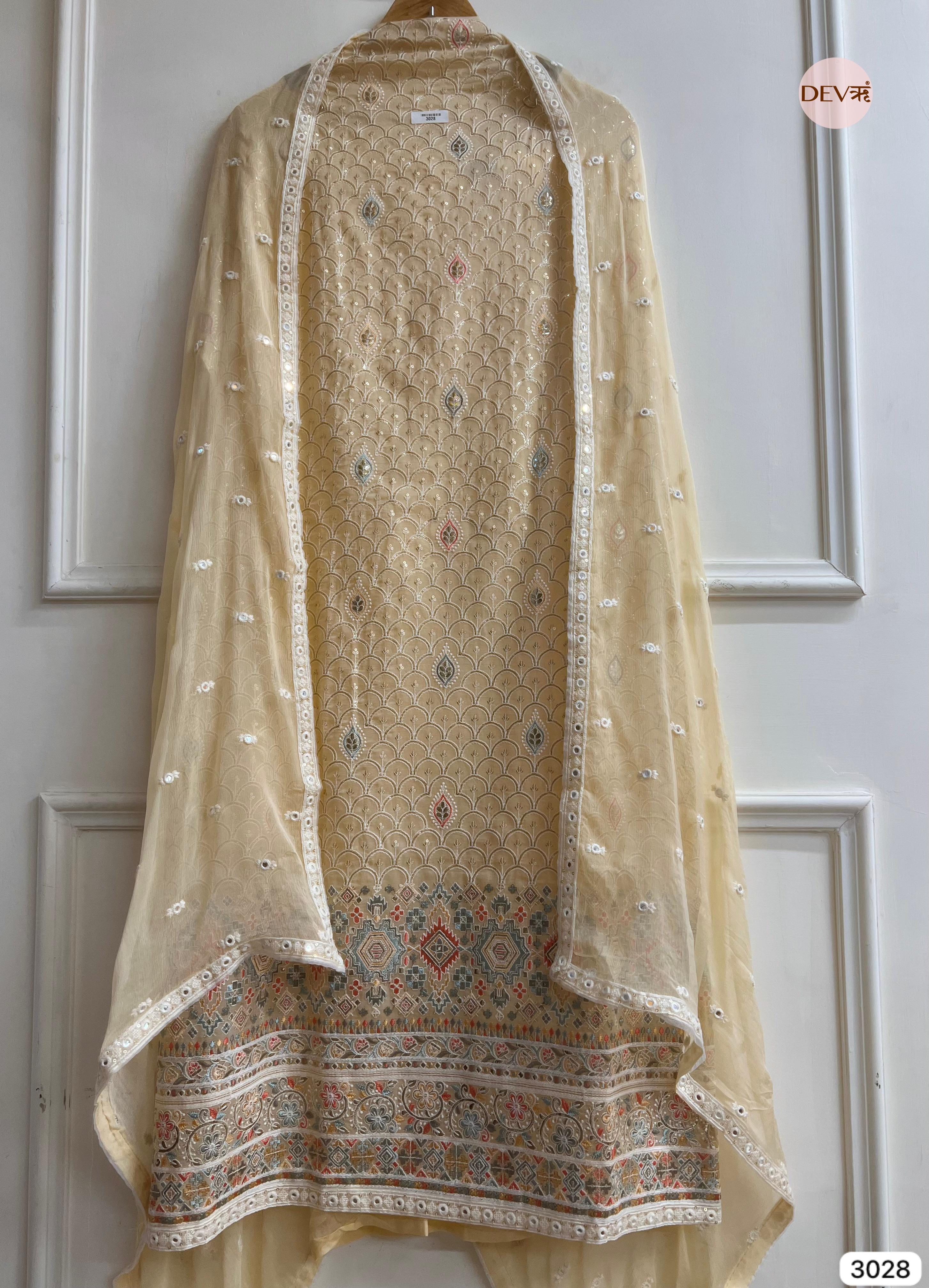 Beige Organza Embroidered Unstitched 3-Piece Suit (Devri – D.No 3028)