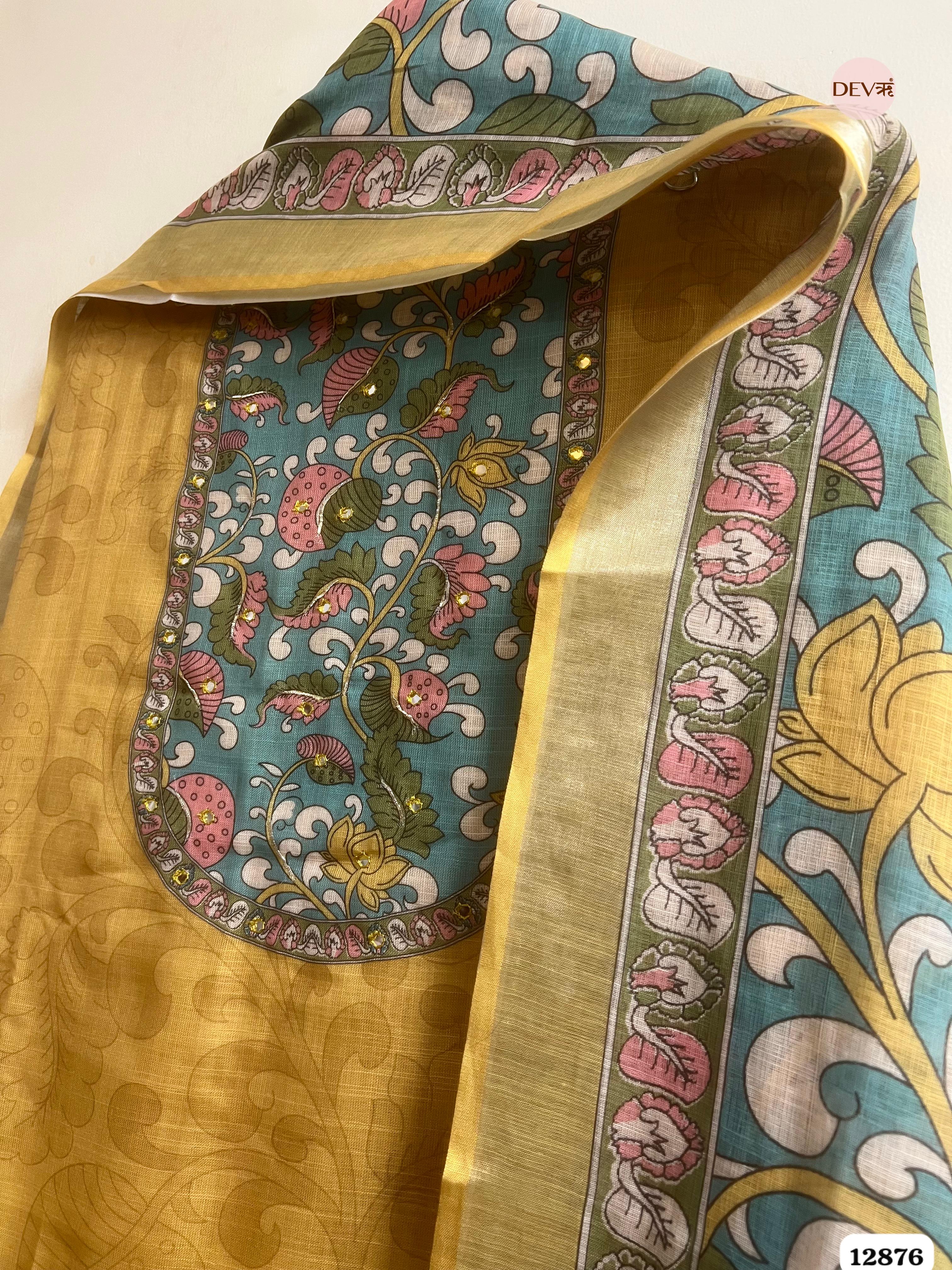 Mustard Yellow Linen Cotton Printed Unstitched 3-Piece Suit (Devri – D.No 12876)