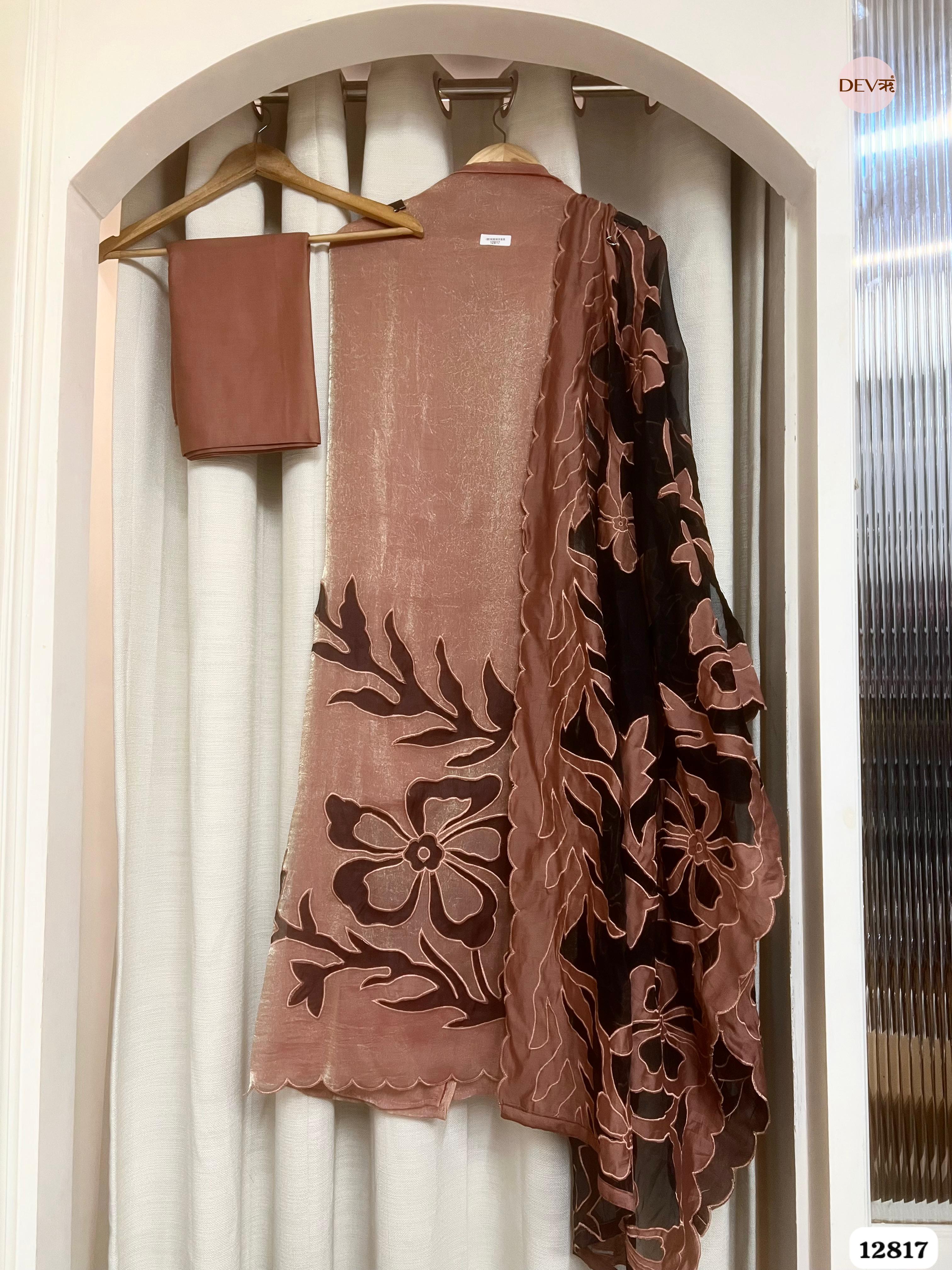 Brown Crush Tissue Silk Embroidered Unstitched 3-Piece Suit (Devri – D.No 12817)