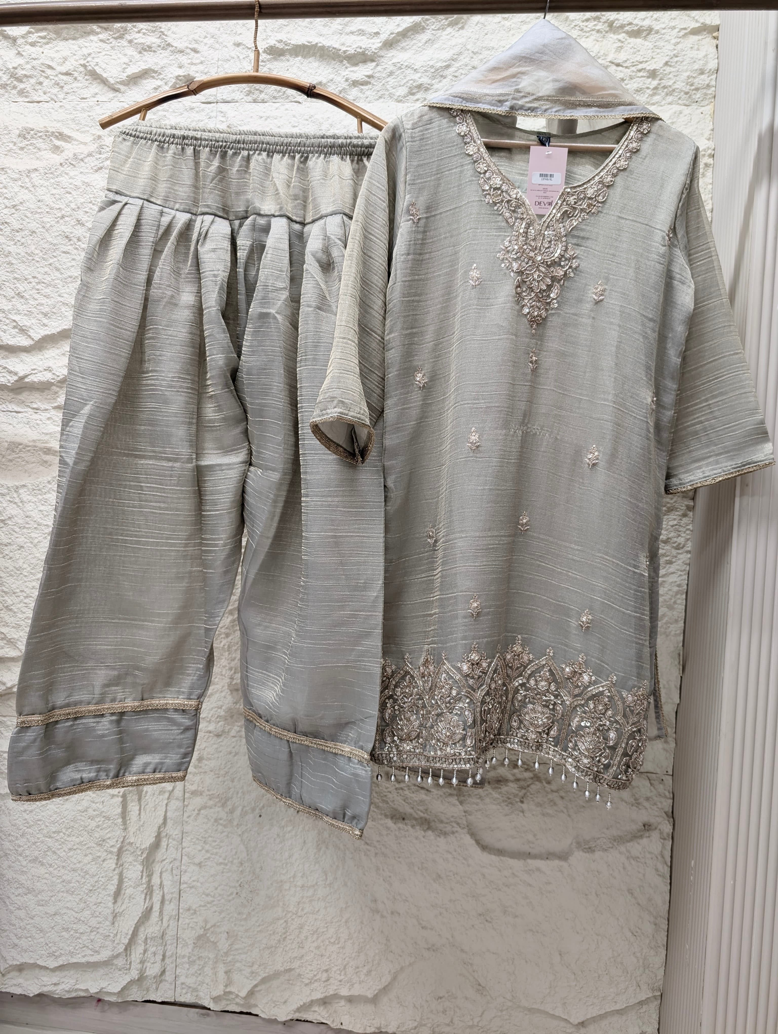 Zarmina Tissue silk blend Embroidered Silver 3-Piece Set (Devri – D.No 13749)