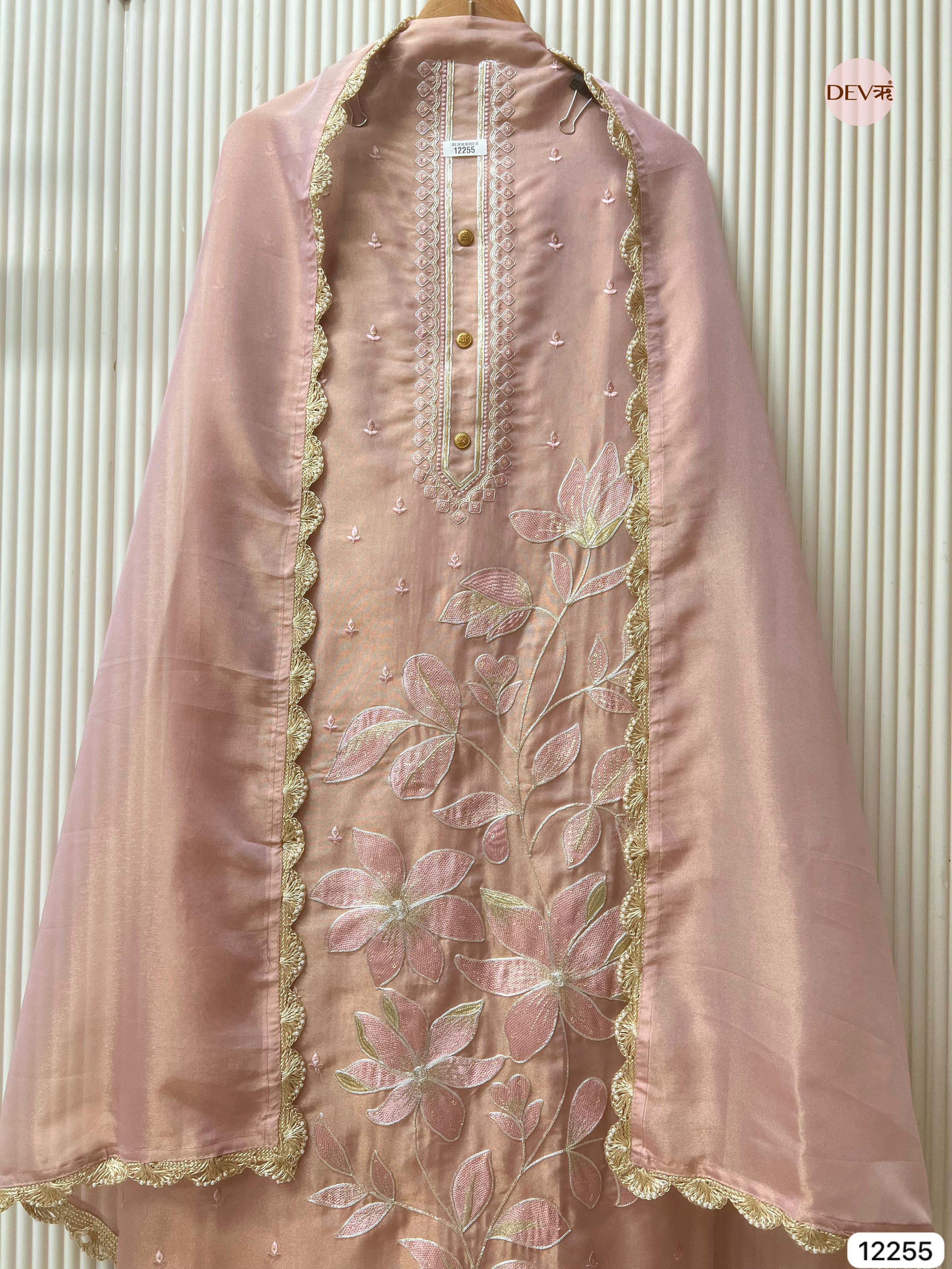 Rose Gold Shimmer Silk Embroidered Unstitched 3-Piece Suit (Devri – D.No 12255)