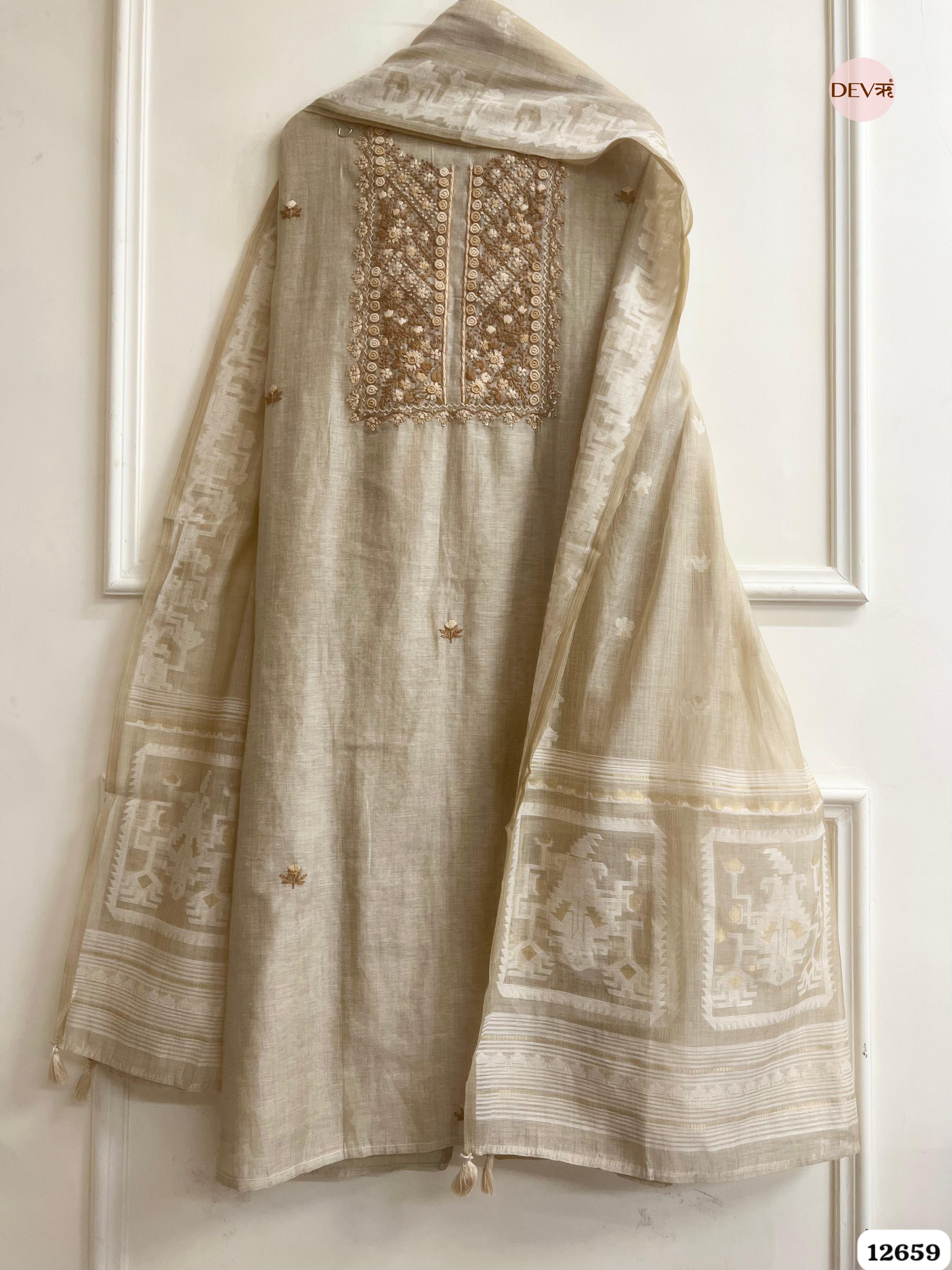 Beige Mul Chanderi Embroidered Unstitched 3-Piece Suit (Devri – D.No 12659)